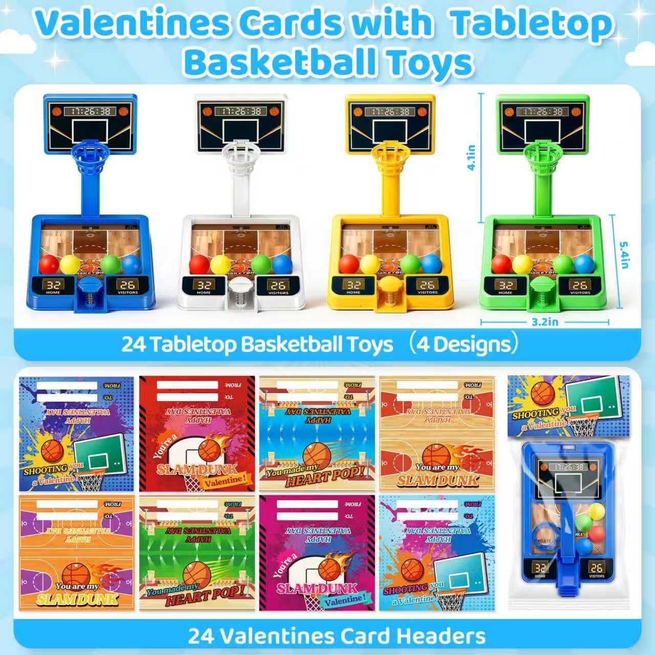 BAYSING Valentines Day Cards for Kids – 24 Pack Mini Finger Basketball Shooting Games | Classroom Exchange & Party Favors