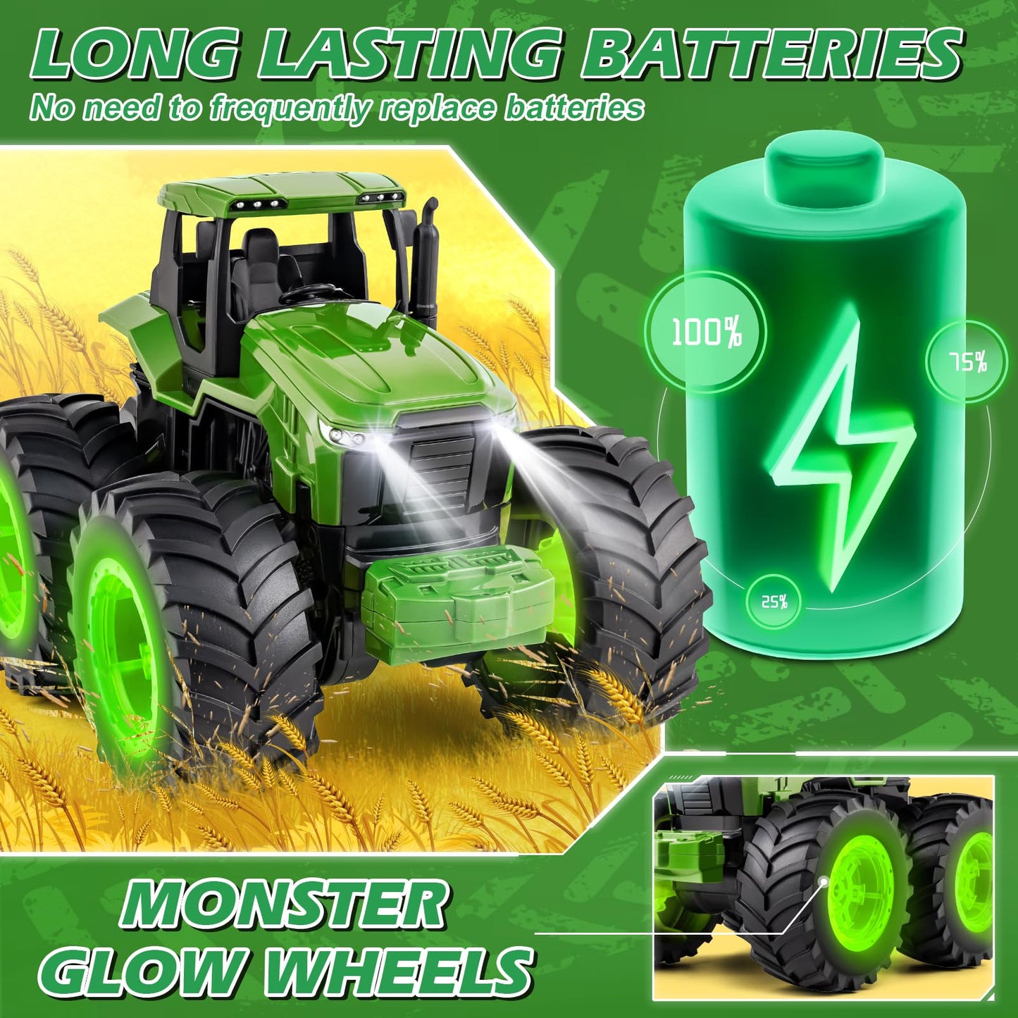 BAYSING Remote Control Tractor Toy for Kids 3-7 — Light-Up Monster Truck with 360° Rotation