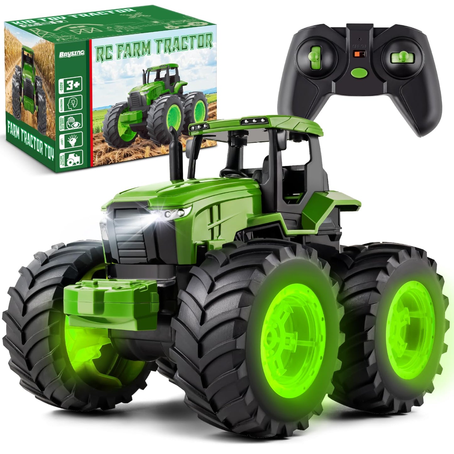 BAYSING Remote Control Tractor Toy for Kids 3-7 — Light-Up Monster Truck with 360° Rotation