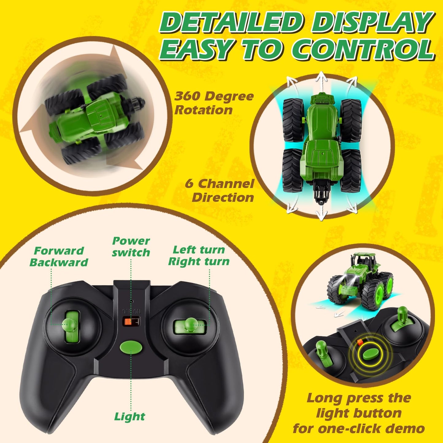 BAYSING Remote Control Tractor Toy for Kids 3-7 — Light-Up Monster Truck with 360° Rotation
