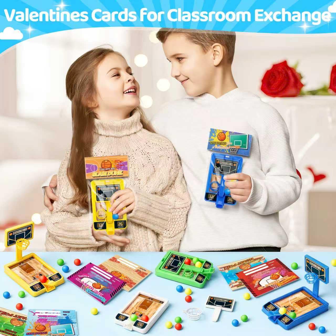 BAYSING Valentines Day Cards for Kids – 24 Pack Mini Finger Basketball Shooting Games | Classroom Exchange & Party Favors