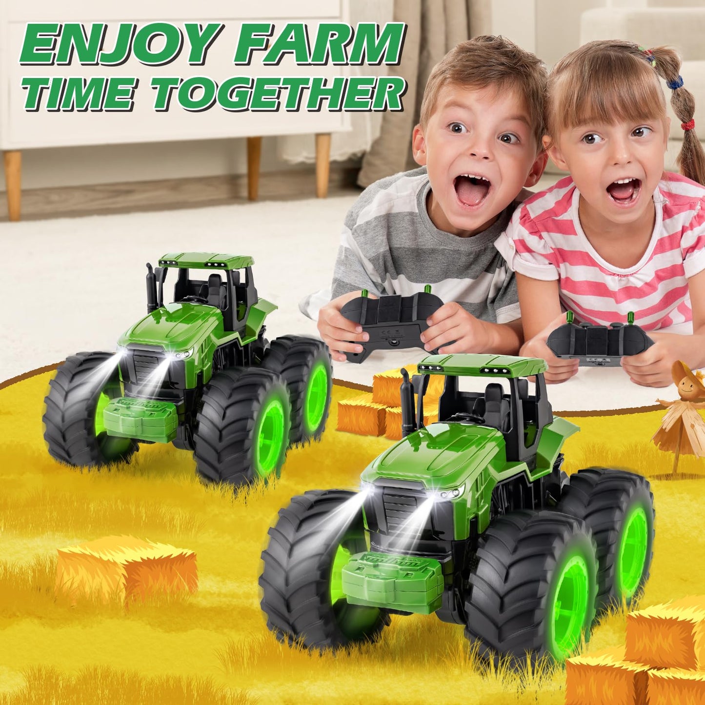 BAYSING Remote Control Tractor Toy for Kids 3-7 — Light-Up Monster Truck with 360° Rotation