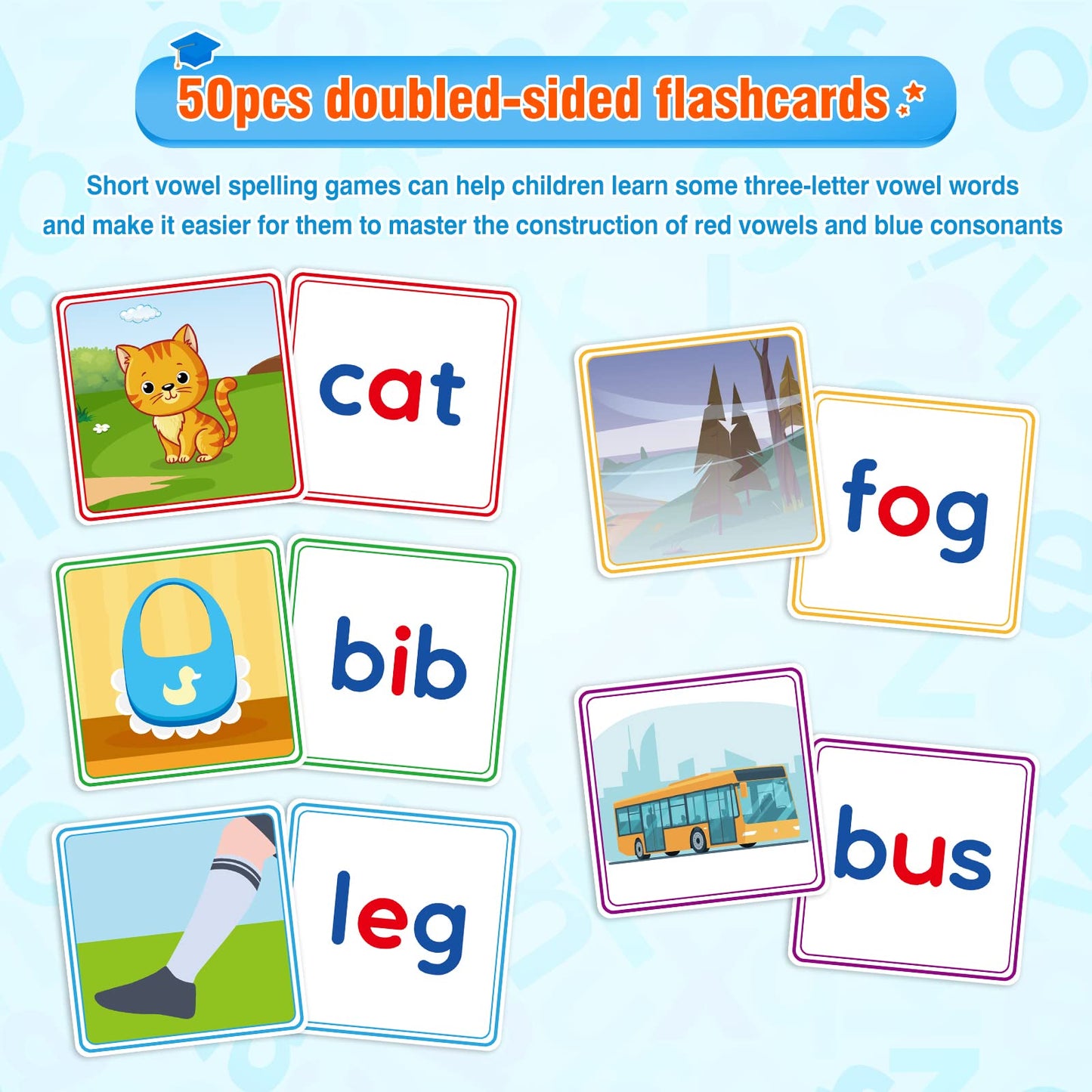 BAYSING Learning Toys for 3-5 Year Olds - 116-Pcs Short Vowel Letters & Double-Sided Flash Cards