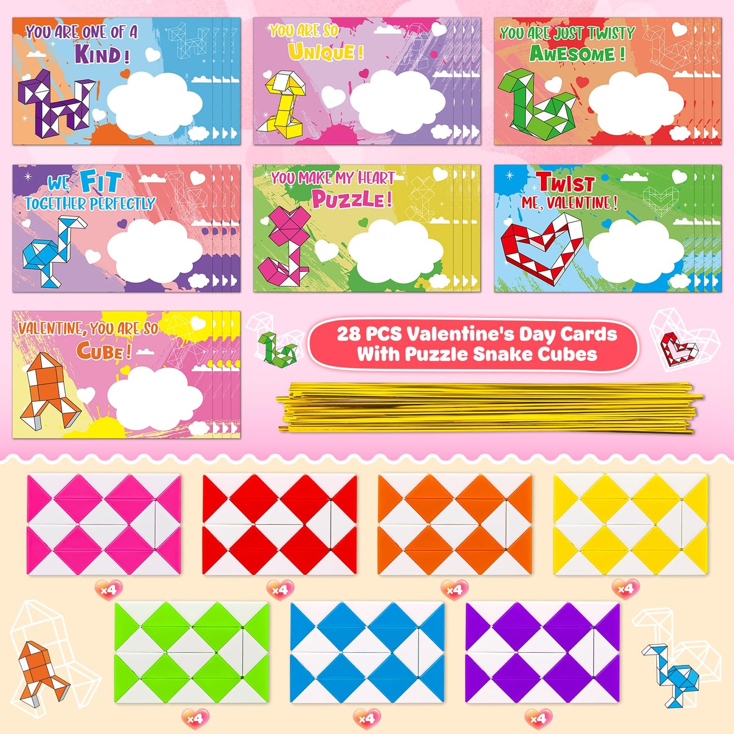BAYSING Valentines Cards for Kids Classroom – 28 Twist Snake Cube Toys with Cards | Party Favors