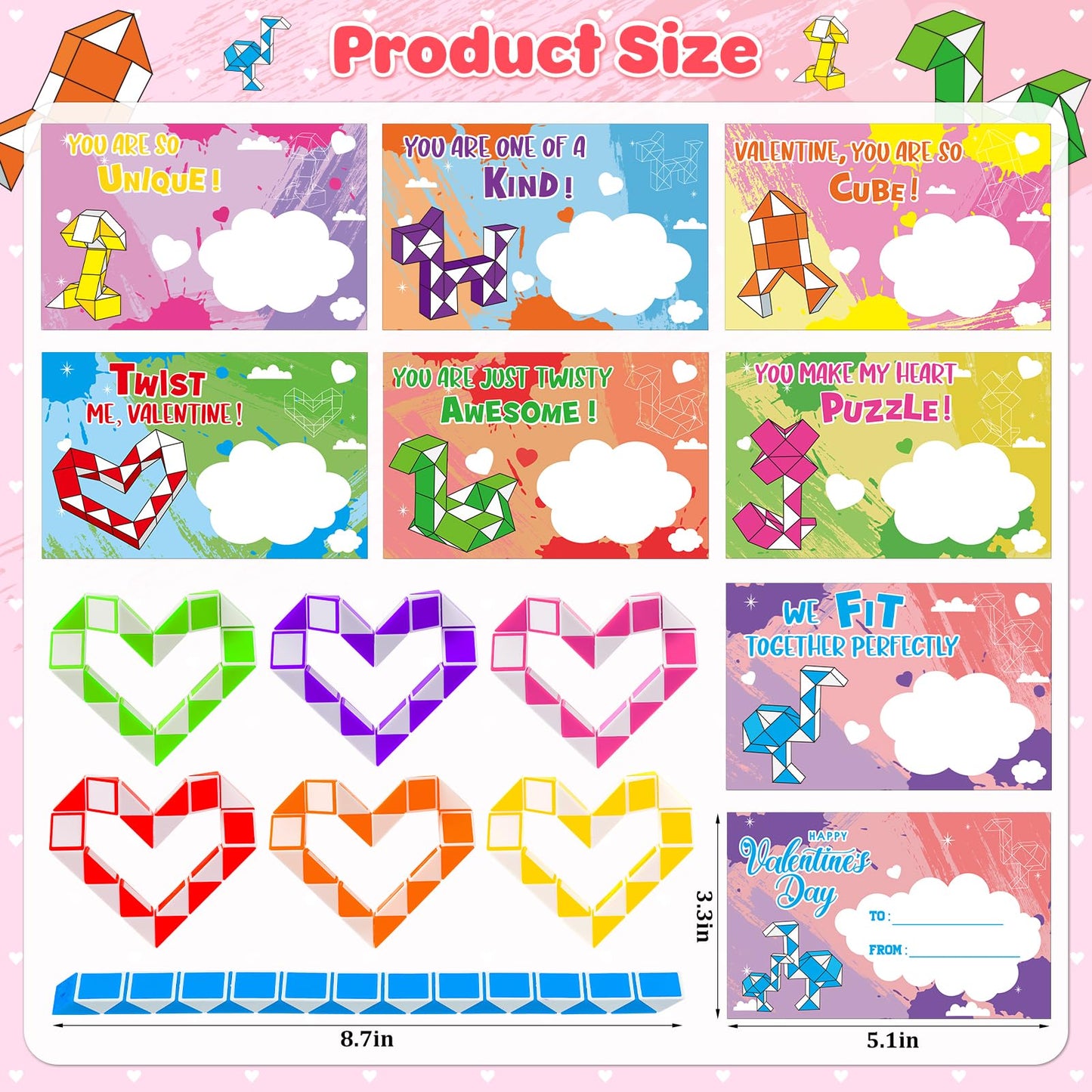 BAYSING Valentines Cards for Kids Classroom – 28 Twist Snake Cube Toys with Cards | Party Favors