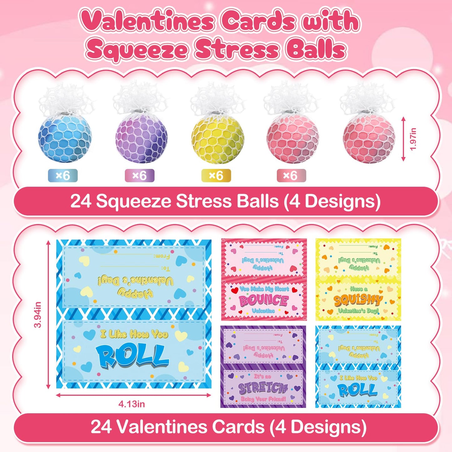 BAYSING Valentines Day Cards for Kids – 24-Pack Stress Relief Balls, Classroom Exchange & Party Favors