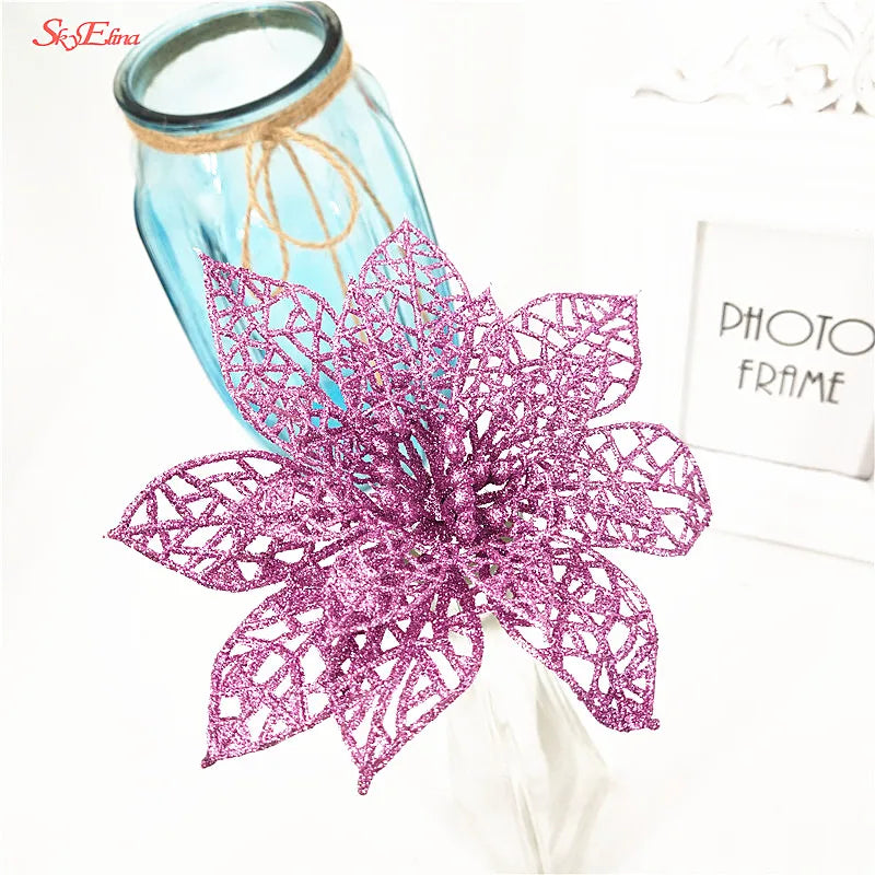 10Pcs/Set Christmas Flowers Xmas Christmas Tree Decorations Glitter Hollow Wedding Party Decor Gold/Silver/Red/Green/Blue 8Z