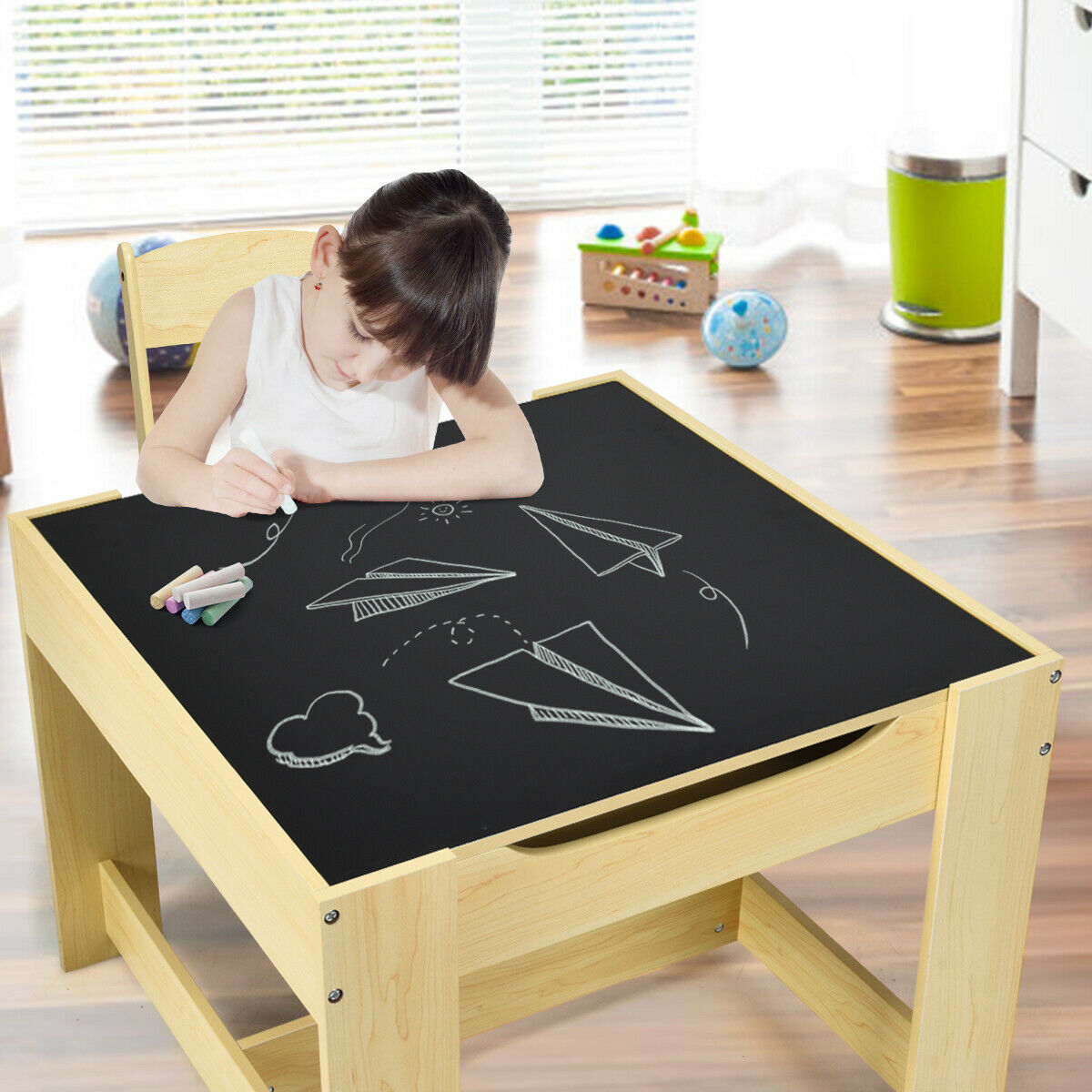 Children's Table and Chair Set with Storage Boxes-Beige
