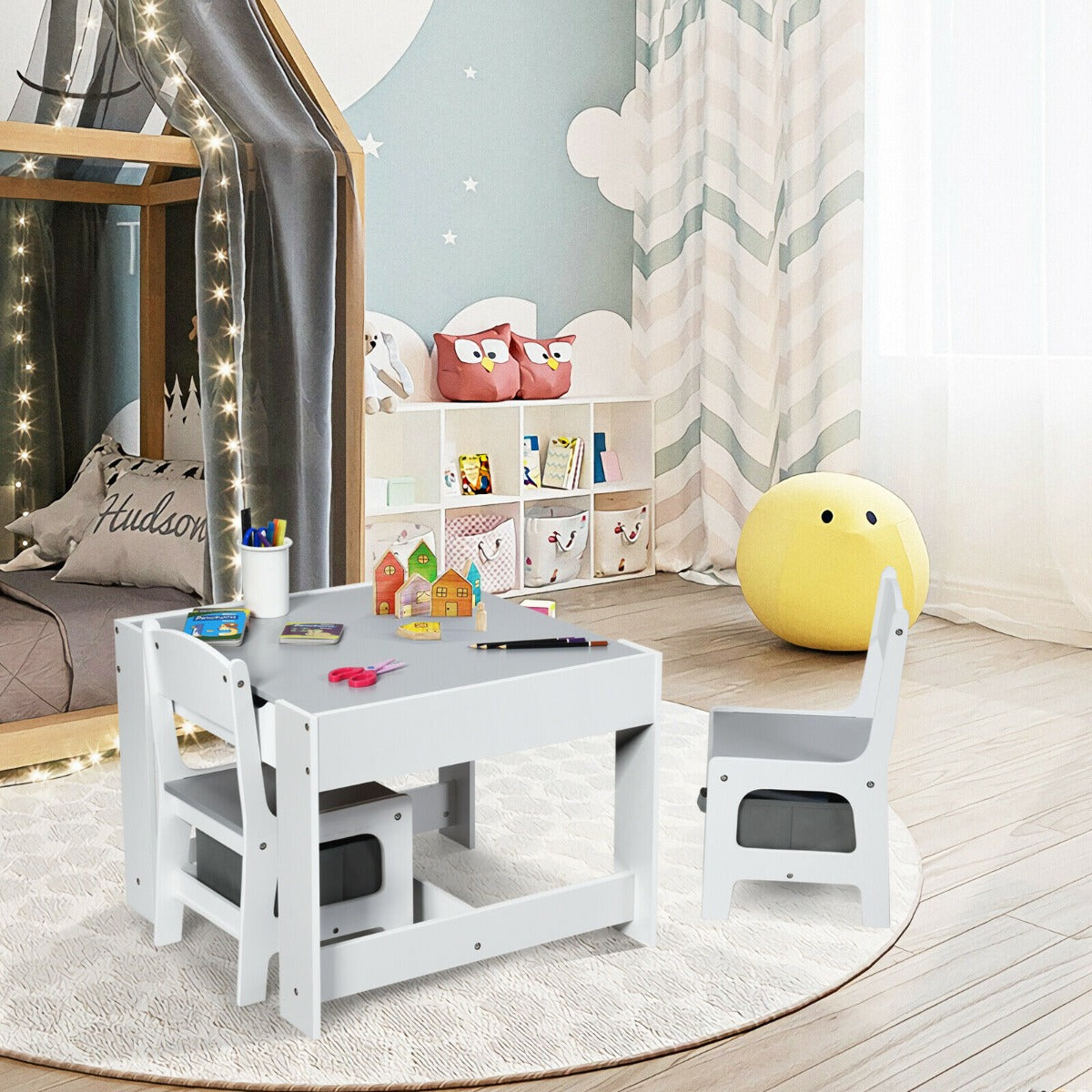 Children's Table and Chair Set with Storage Boxes-Beige