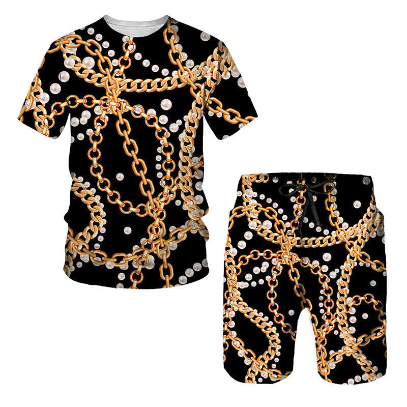 Men's Chain Pattern Digital Printed T-Shirt & Shorts, Two-Pieces Set