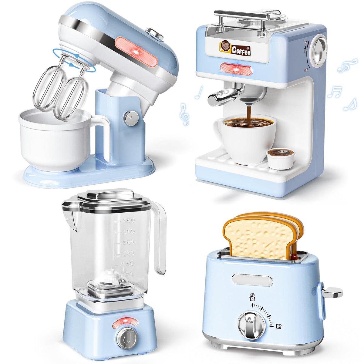 B Bascolor Kids Kitchen Toys Set – BPA-Free 7-Piece Pretend Play Appliances with Light & Sound (Blue)