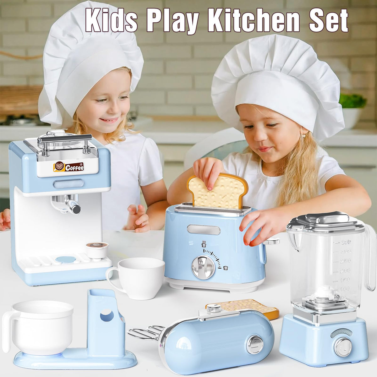 B Bascolor Kids Kitchen Toys Set – BPA-Free 7-Piece Pretend Play Appliances with Light & Sound (Blue)