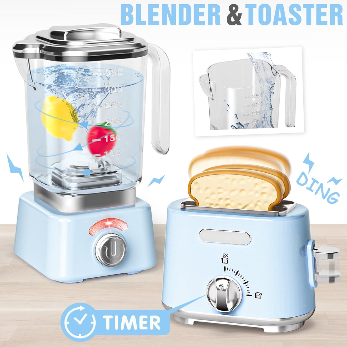 B Bascolor Kids Kitchen Toys Set – BPA-Free 7-Piece Pretend Play Appliances with Light & Sound (Blue)