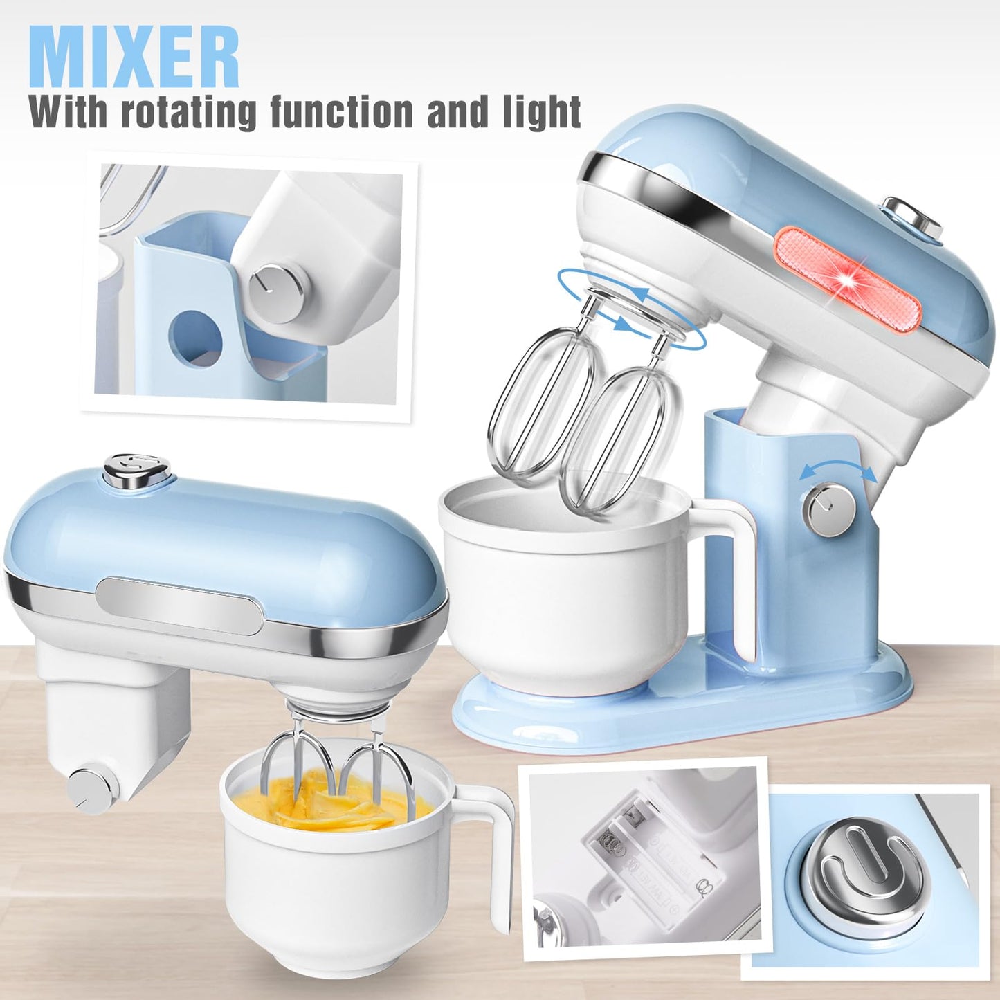 B Bascolor Kids Kitchen Toys Set – BPA-Free 7-Piece Pretend Play Appliances with Light & Sound (Blue)