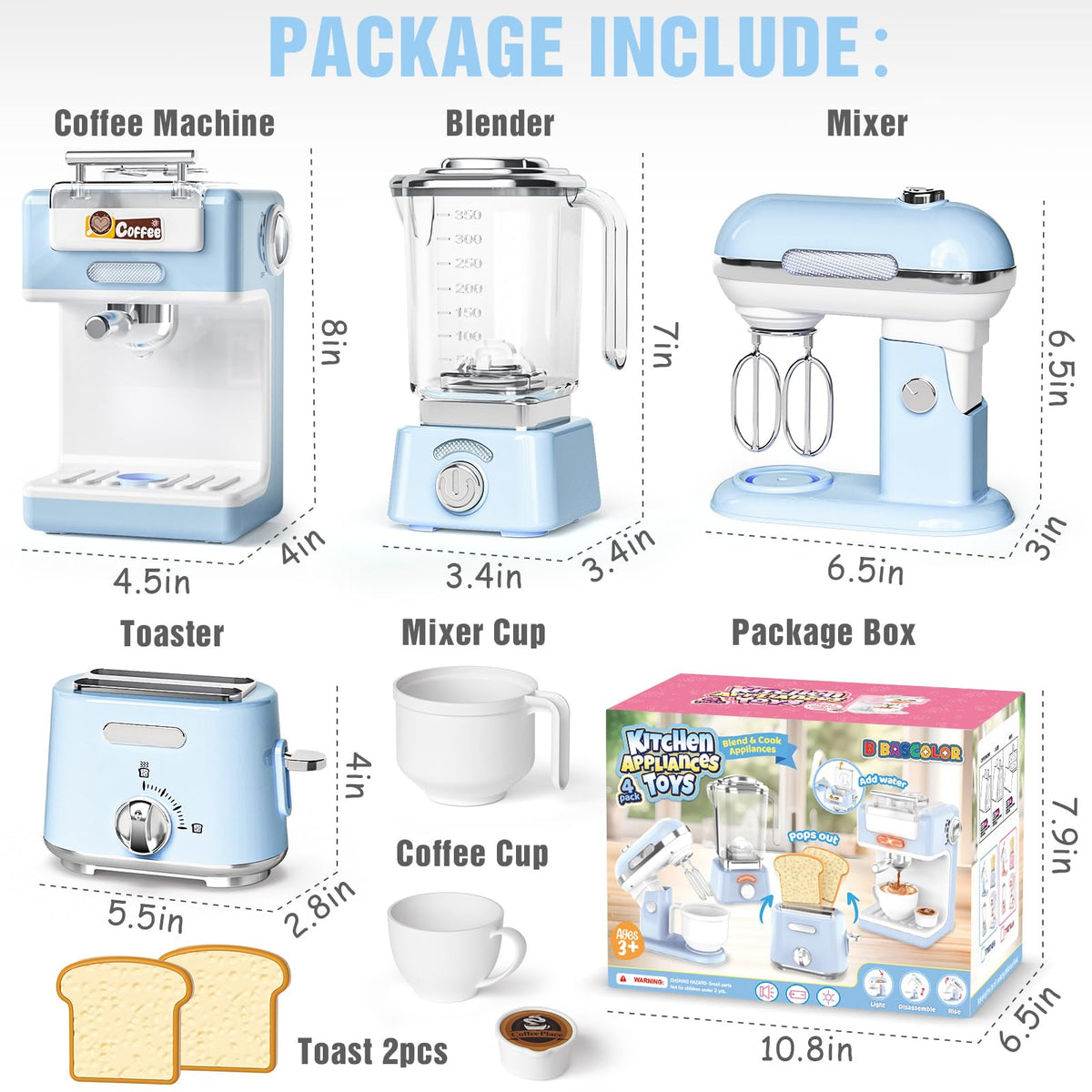 B Bascolor Kids Kitchen Toys Set – BPA-Free 7-Piece Pretend Play Appliances with Light & Sound (Blue)