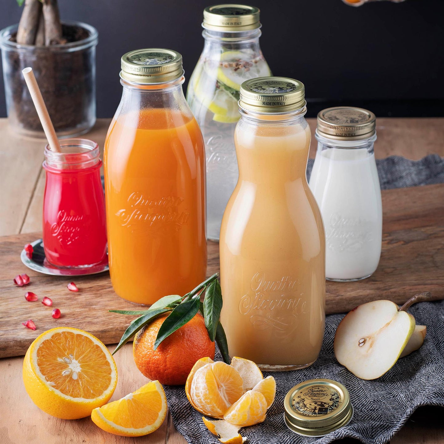 1L Quattro Stagioni Glass Juice Bottles with Screw Top Lid - Pack of 3