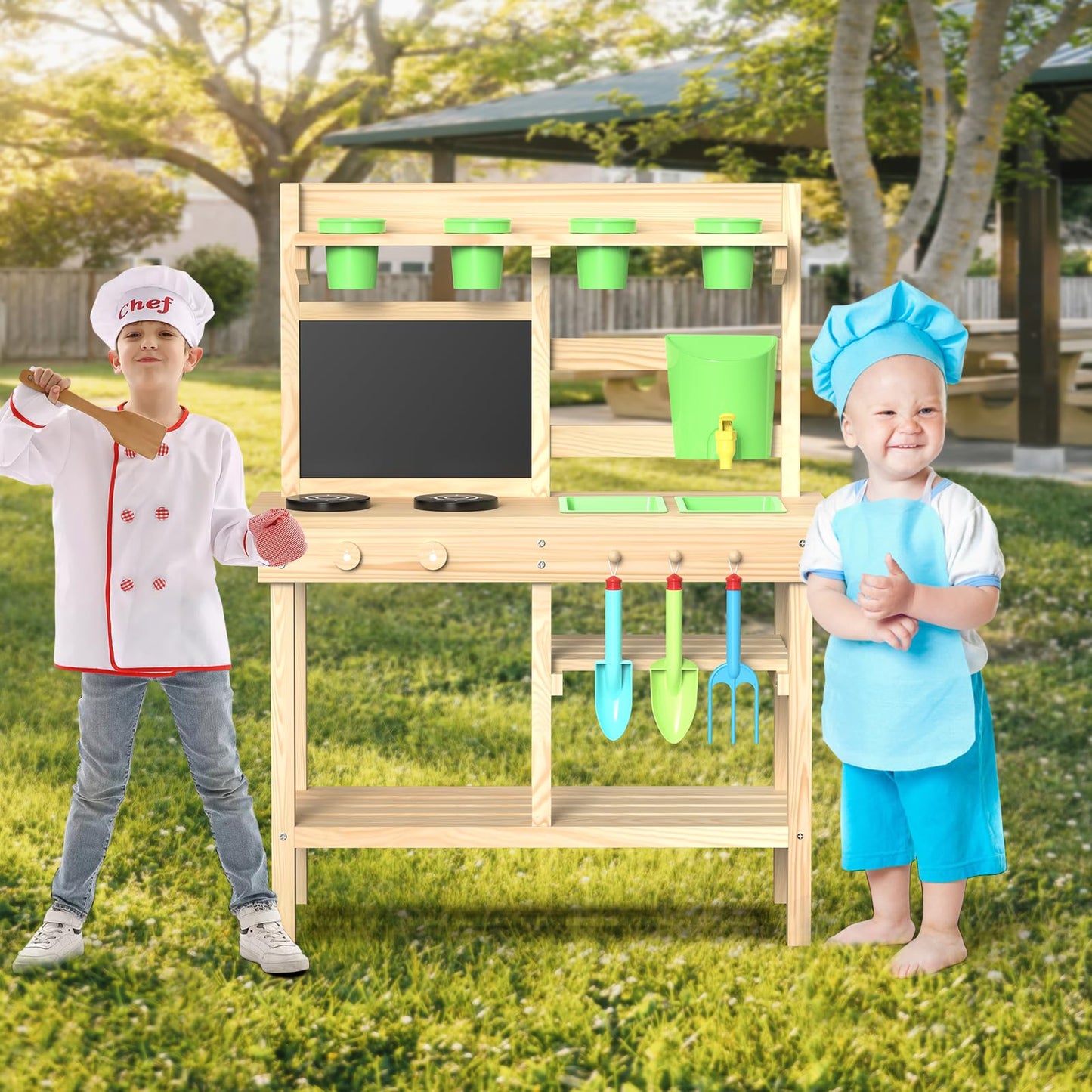 bbgroundgrm Cedar Wood Outdoor Play Kitchen for Kids – Water Faucet, Chalkboard & Pretend Stove