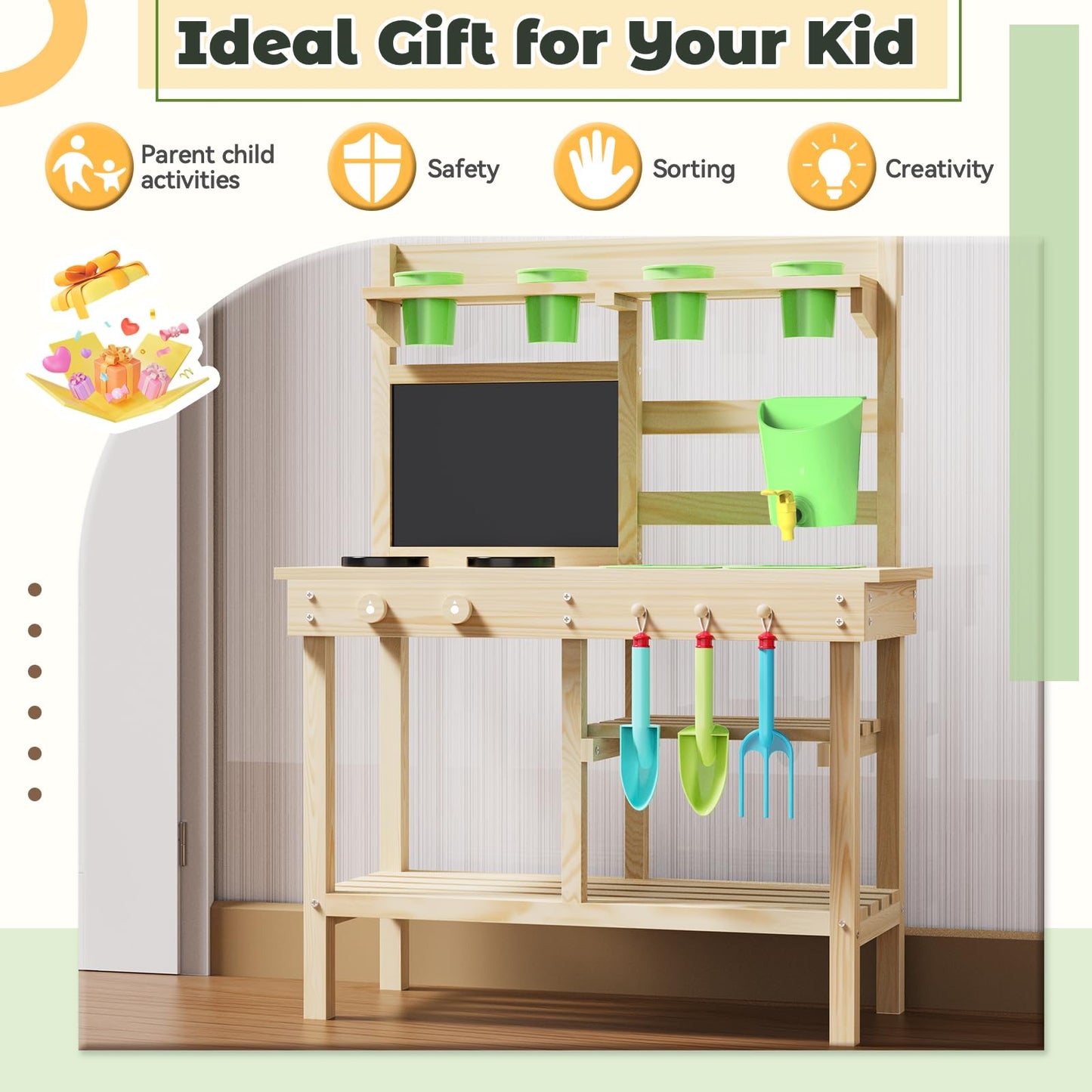 bbgroundgrm Cedar Wood Outdoor Play Kitchen for Kids – Water Faucet, Chalkboard & Pretend Stove