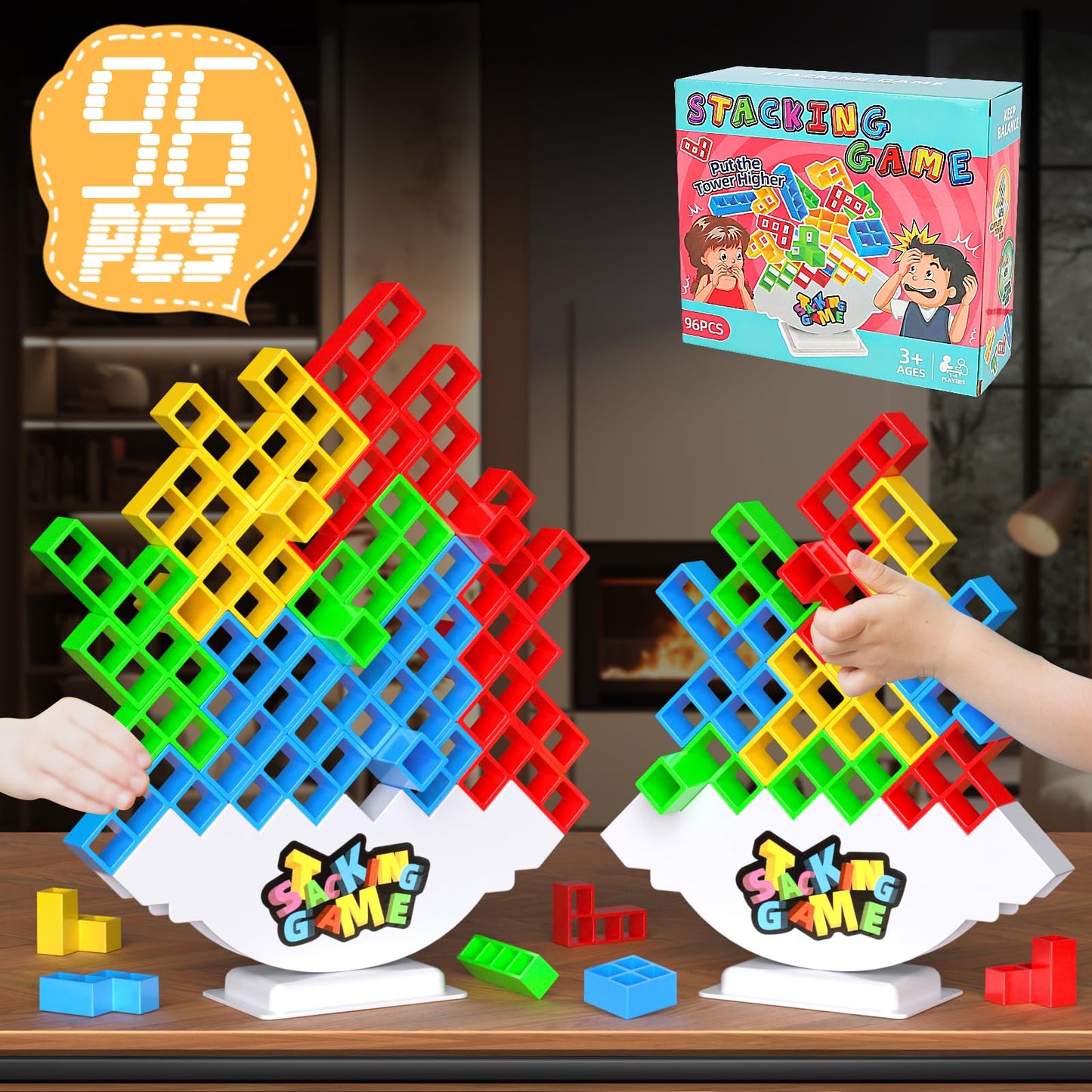 BBnote 96PCS Stack Game for Adults & Kids – 4-Player Tetra Tower