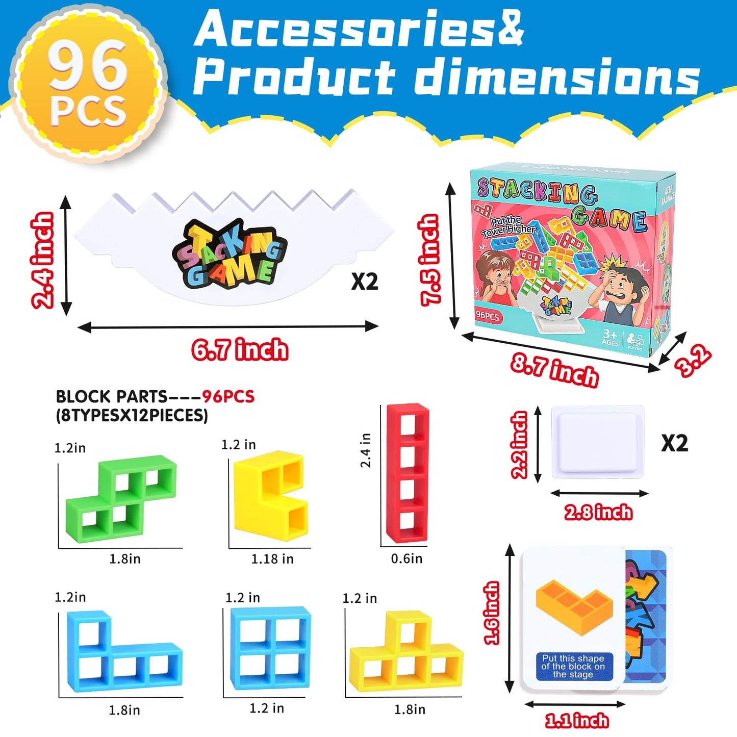 BBnote 96PCS Stack Game for Adults & Kids – 4-Player Tetra Tower