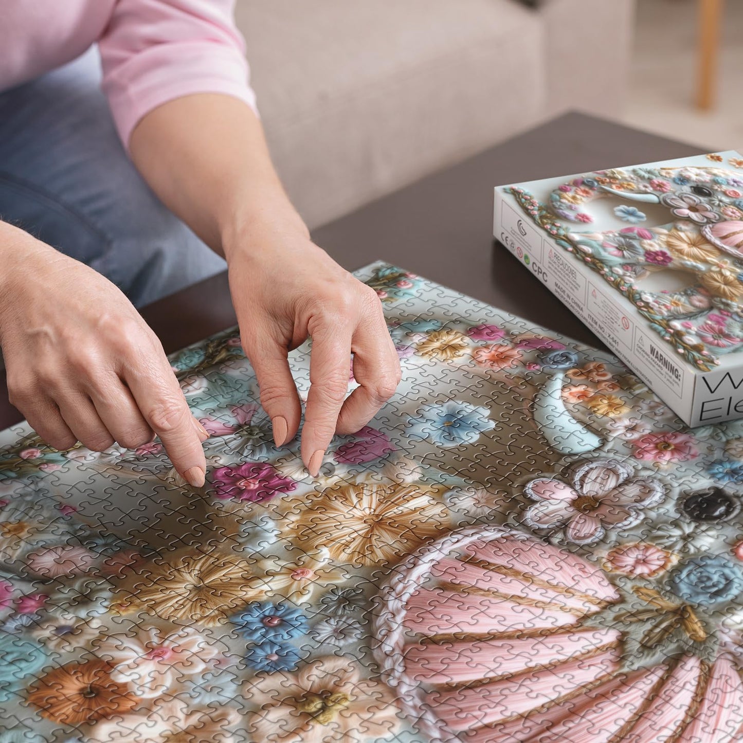 BBOLDIN Cute Elephant Puzzles for Adults | 1000-Piece Pink Floral Jigsaw with Embroidered Elephant Design