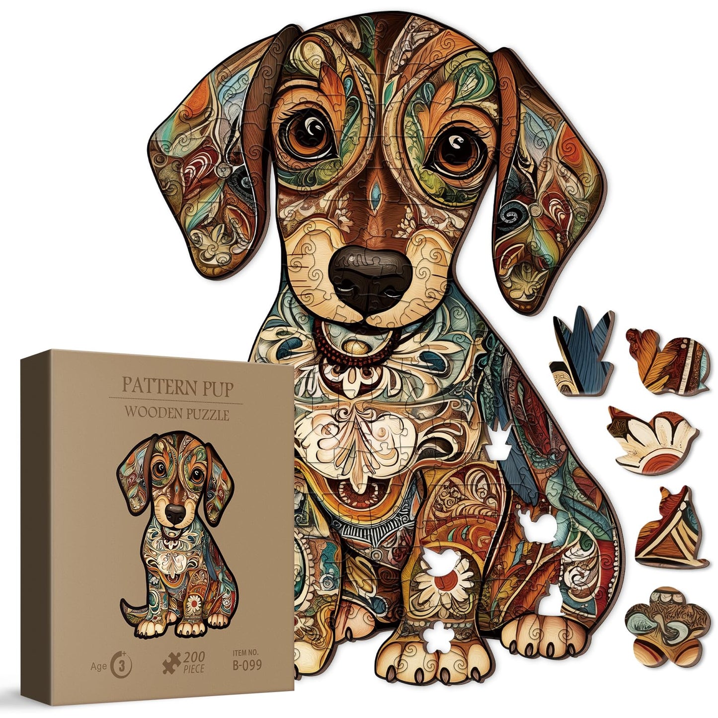 BBOLDIN Colorful Dog Wooden Puzzle 200 Pieces 21 Unique Shapes