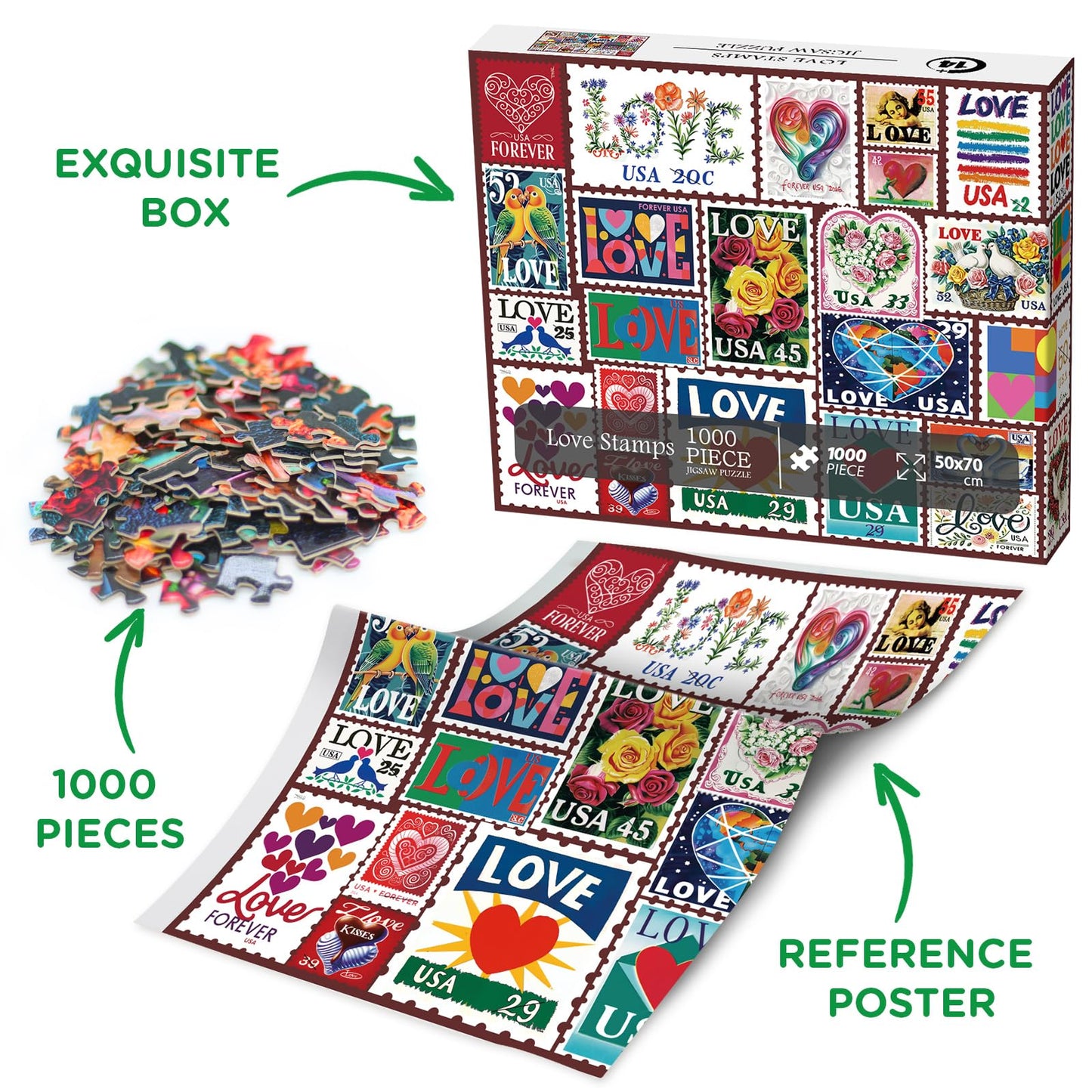 BBOLDIN Love Heart Stamps 1000-Piece Puzzle – Colorful Valentines Collage for Gifting