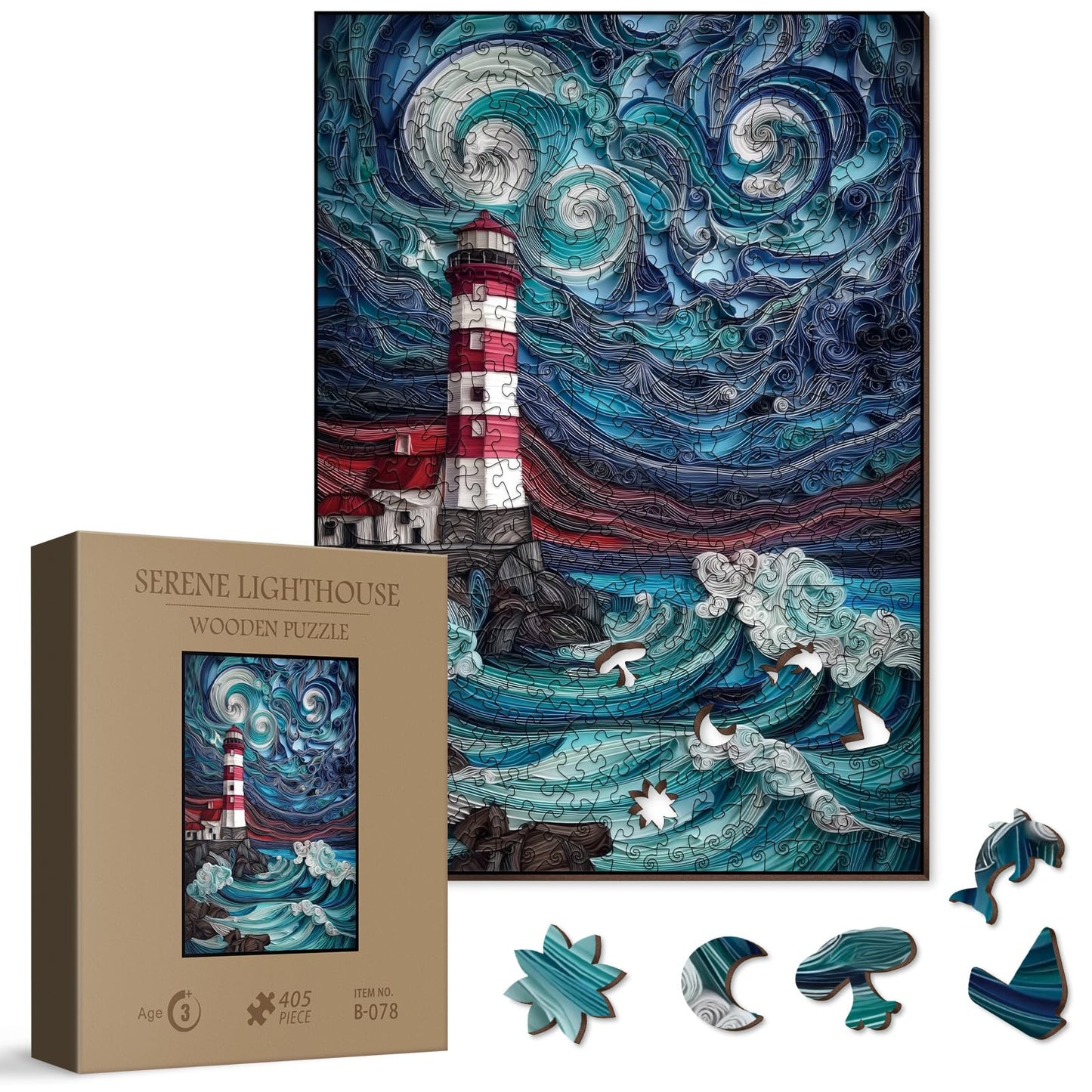 BBOLDIN Lighthouse Wooden Puzzle for Adults – 405 Pieces, 27 Unique Shapes, Premium Basswood