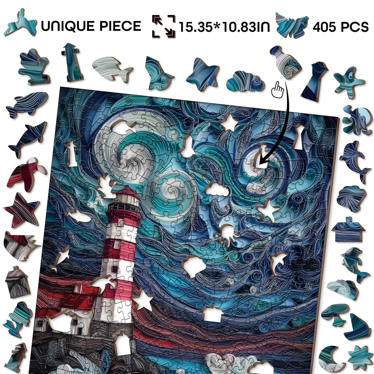BBOLDIN Lighthouse Wooden Puzzle for Adults – 405 Pieces, 27 Unique Shapes, Premium Basswood