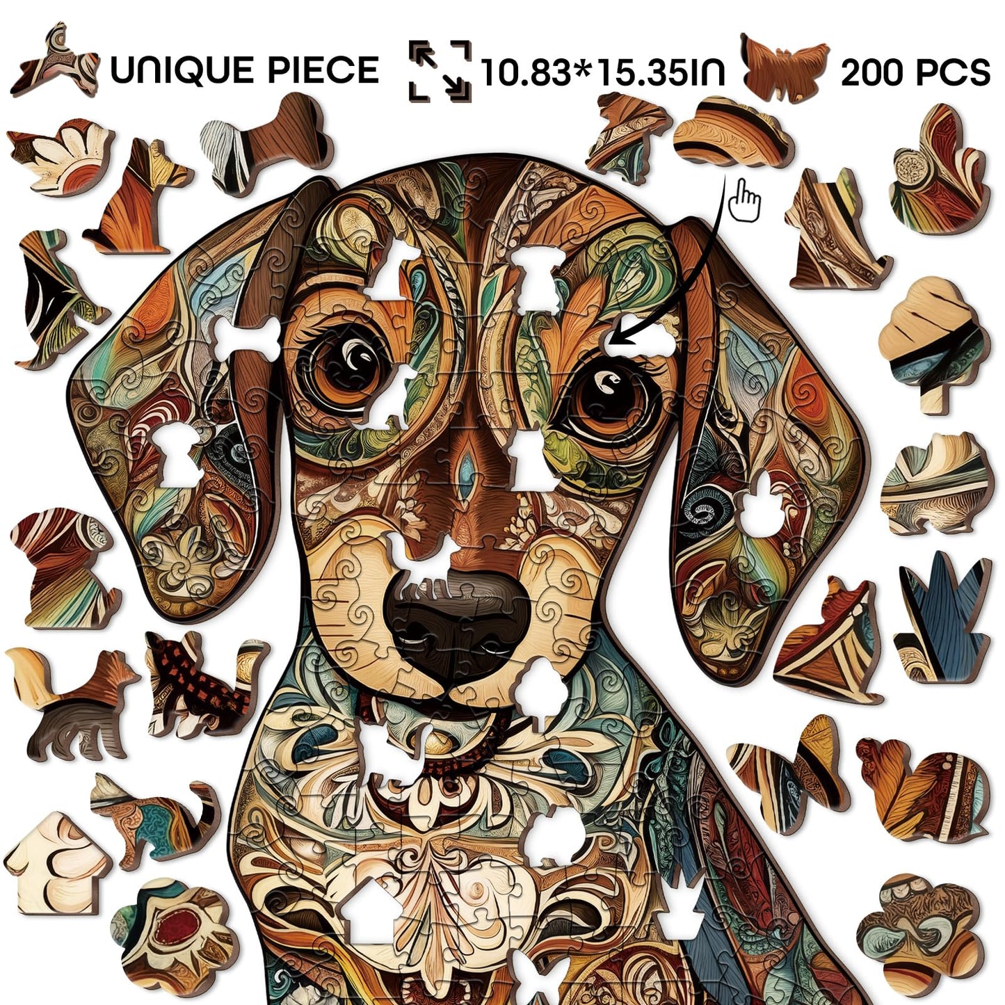 BBOLDIN Colorful Dog Wooden Puzzle 200 Pieces 21 Unique Shapes