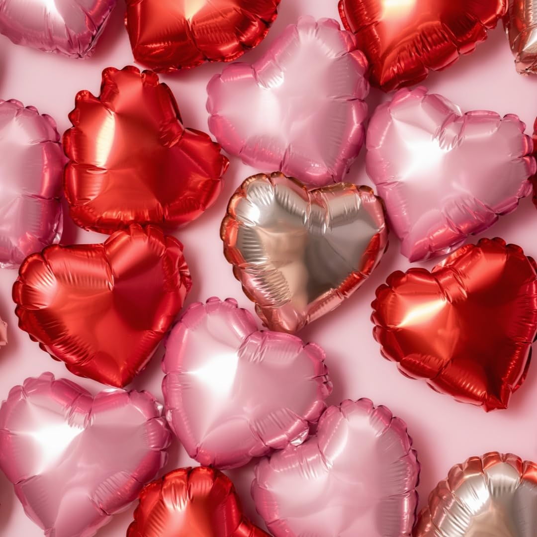 BBPOOL 12Pcs Pink Heart Balloons – 18in Foil Hearts for Valentines Day, Weddings, Birthdays