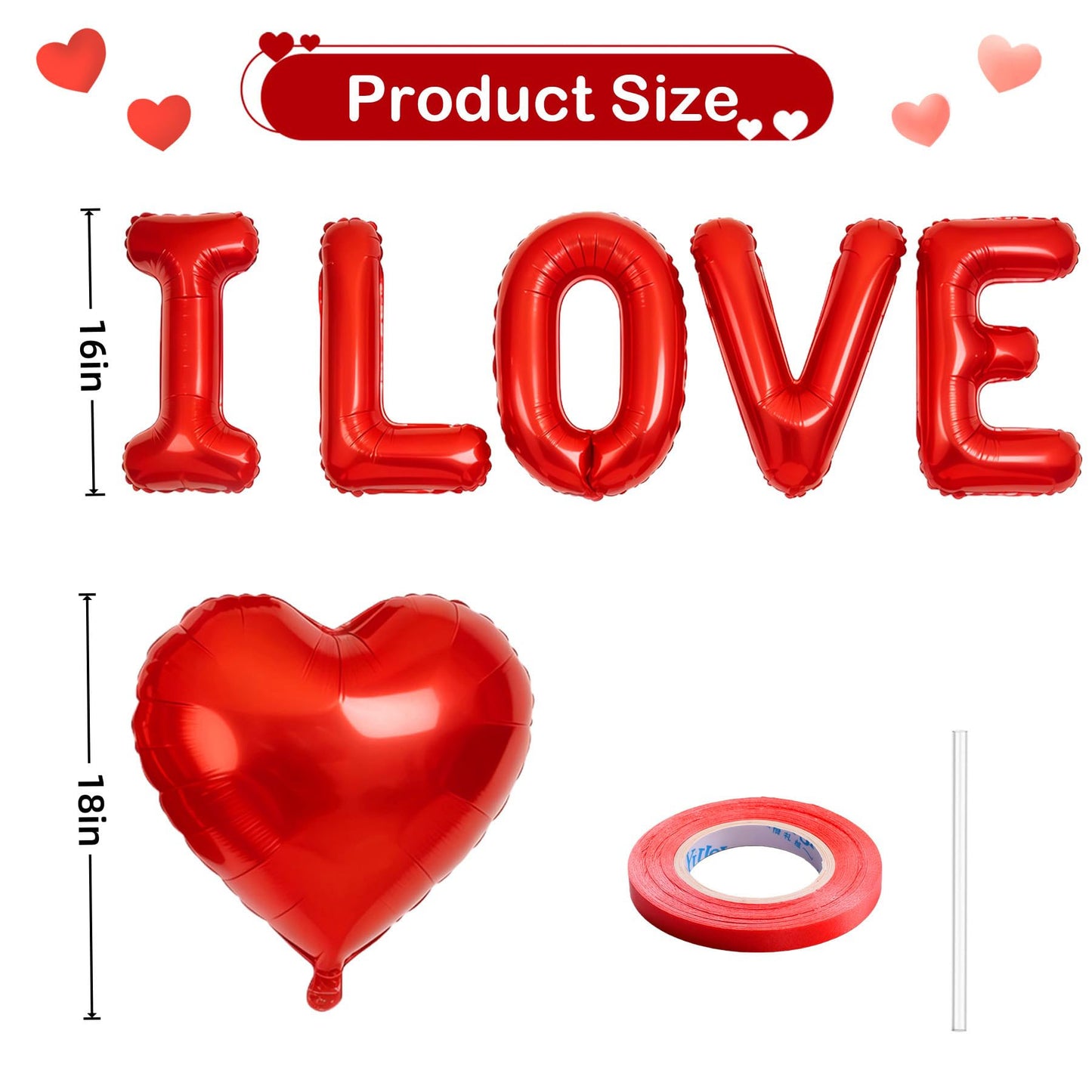 BBPOOL I Love You Balloons - 16-Inch Red Letter Balloons + 18-Inch Heart Balloons for Valentines Day