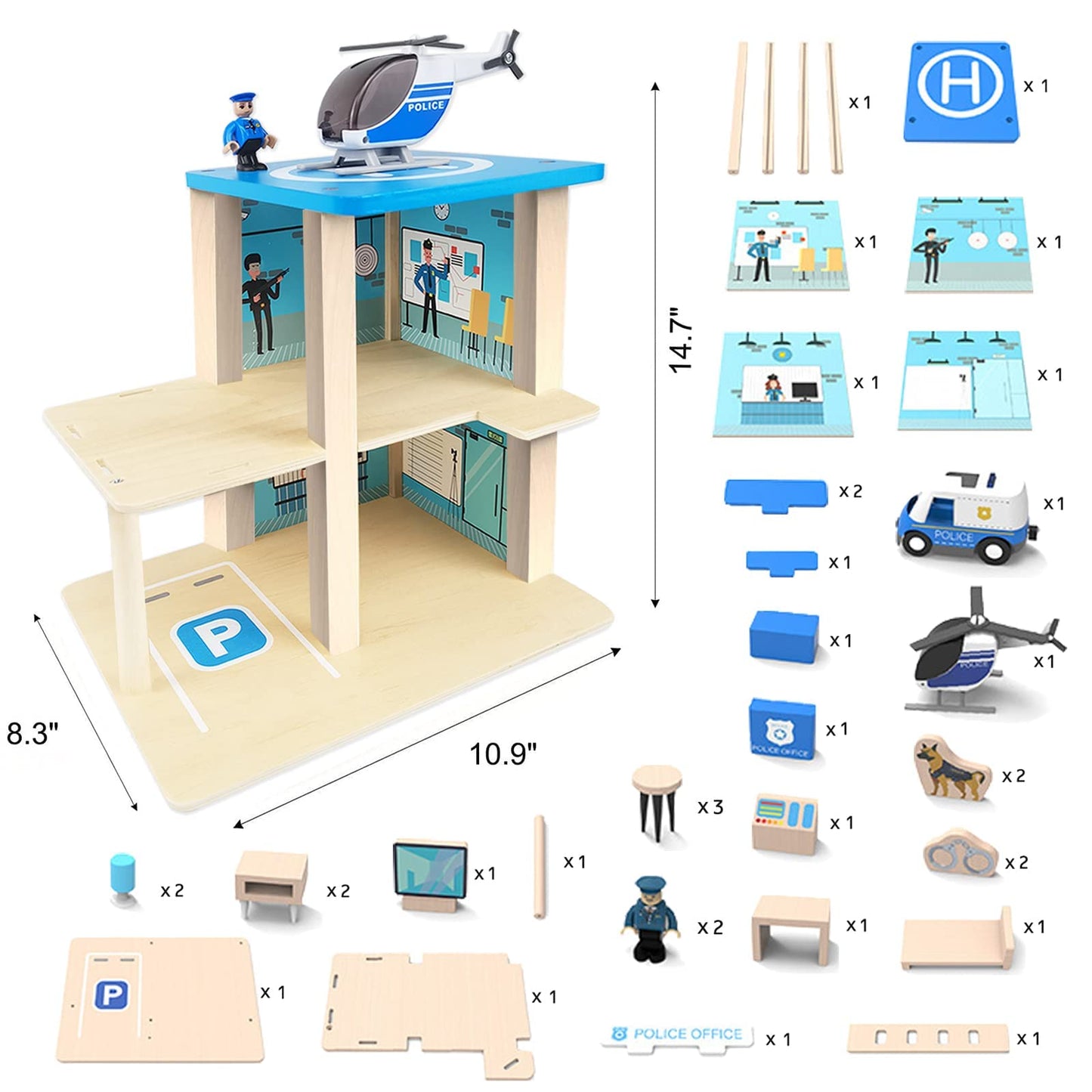 BBtinker Wooden Police Station Playset – 3-Level Dollhouse with Figures, Car & Helicopter