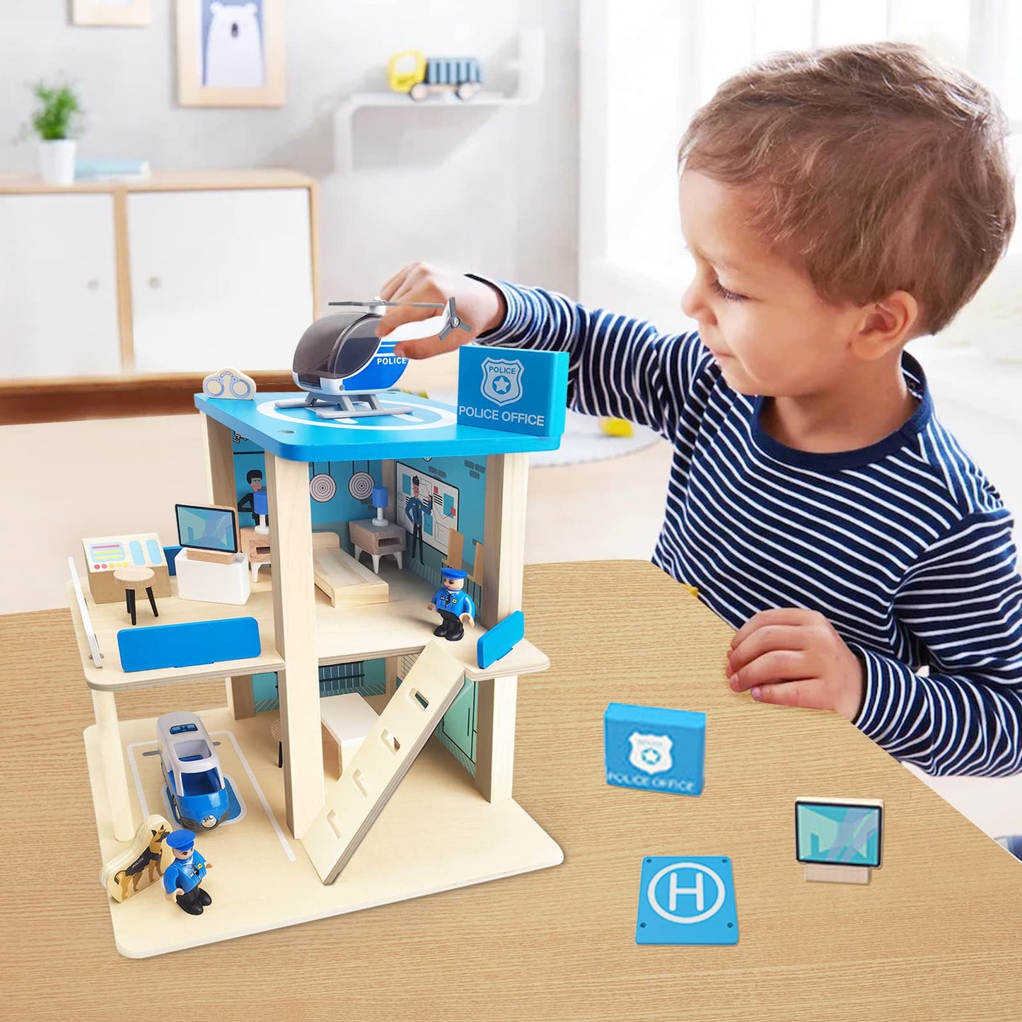 BBtinker Wooden Police Station Playset – 3-Level Dollhouse with Figures, Car & Helicopter