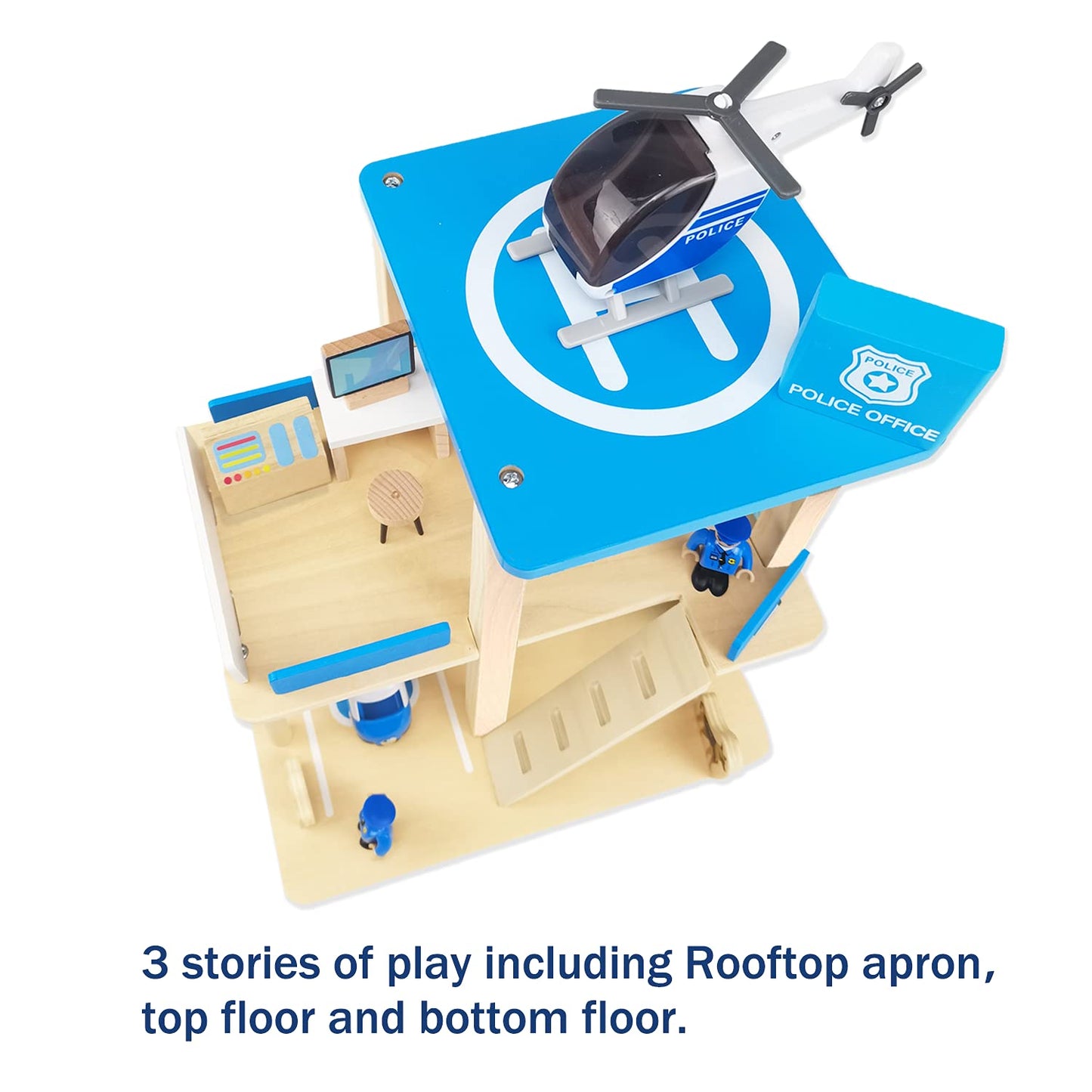 BBtinker Wooden Police Station Playset – 3-Level Dollhouse with Figures, Car & Helicopter