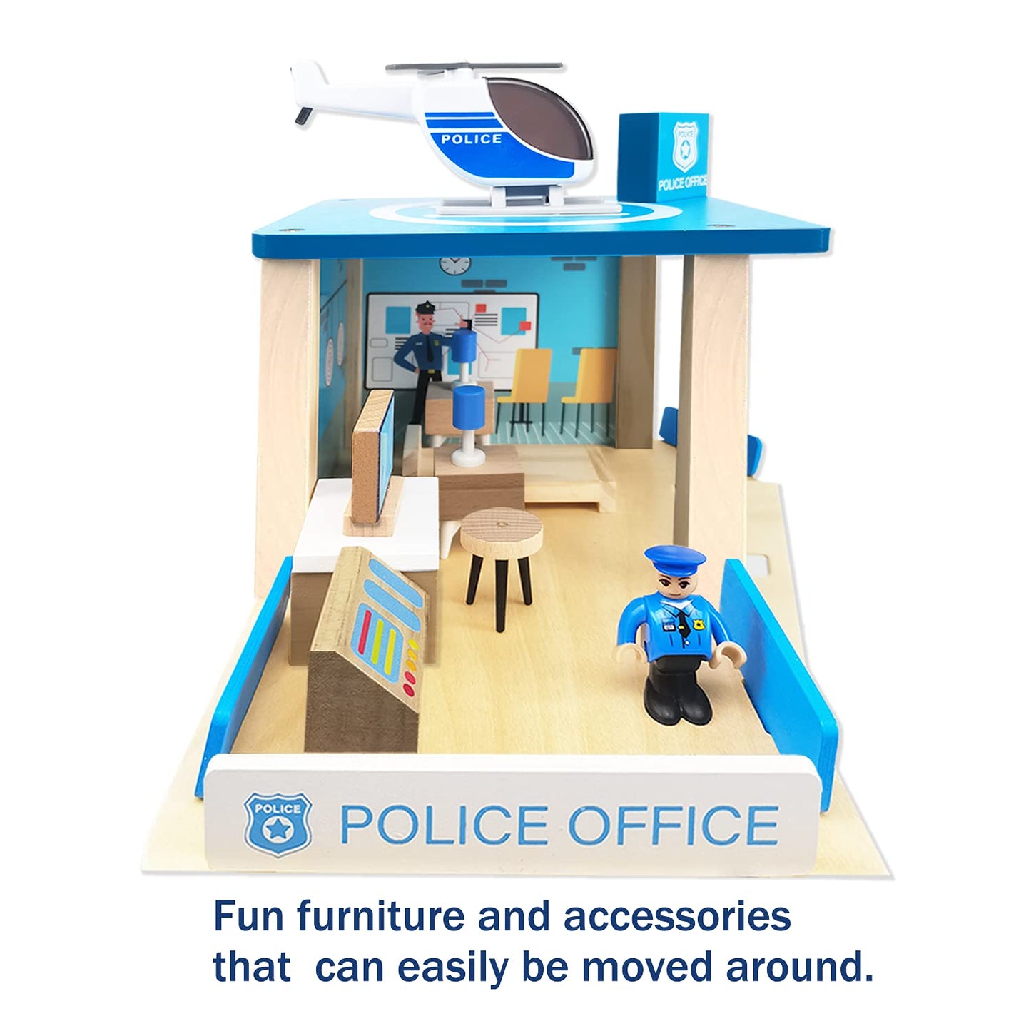BBtinker Wooden Police Station Playset – 3-Level Dollhouse with Figures, Car & Helicopter