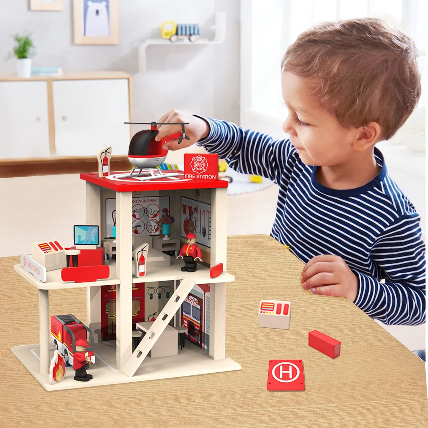 BBtinker Wooden Fire Station Playset — 3-Level Dollhouse with Figures, Truck & Helicopter