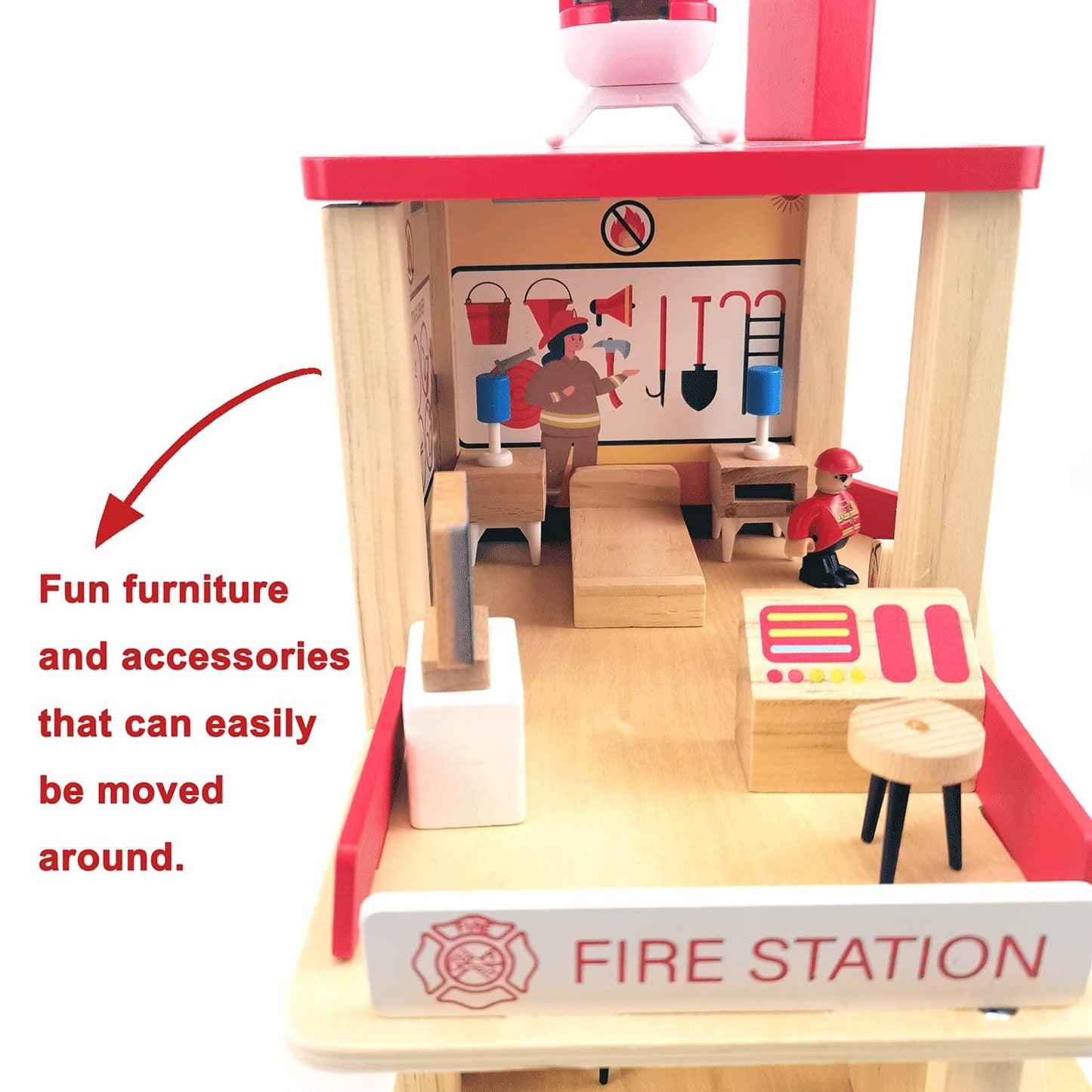 BBtinker Wooden Fire Station Playset — 3-Level Dollhouse with Figures, Truck & Helicopter