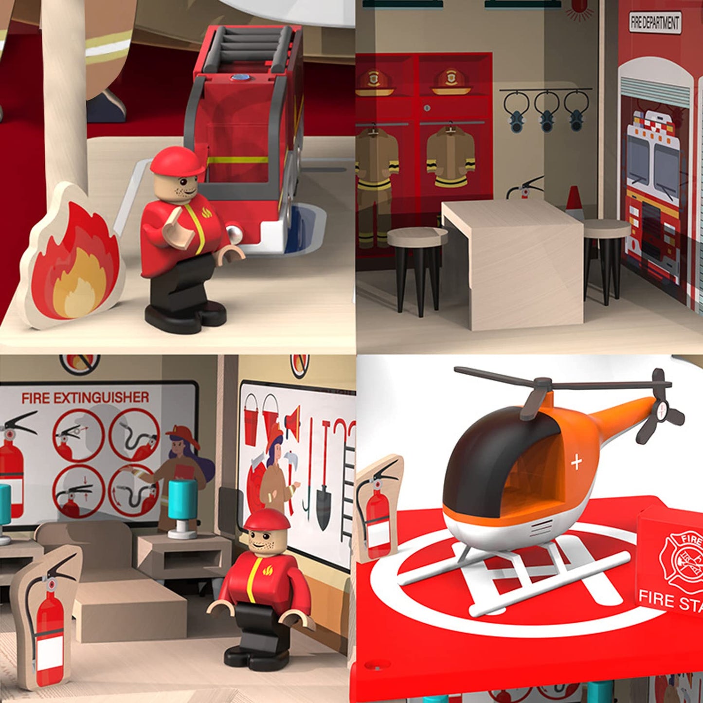 BBtinker Wooden Fire Station Playset — 3-Level Dollhouse with Figures, Truck & Helicopter