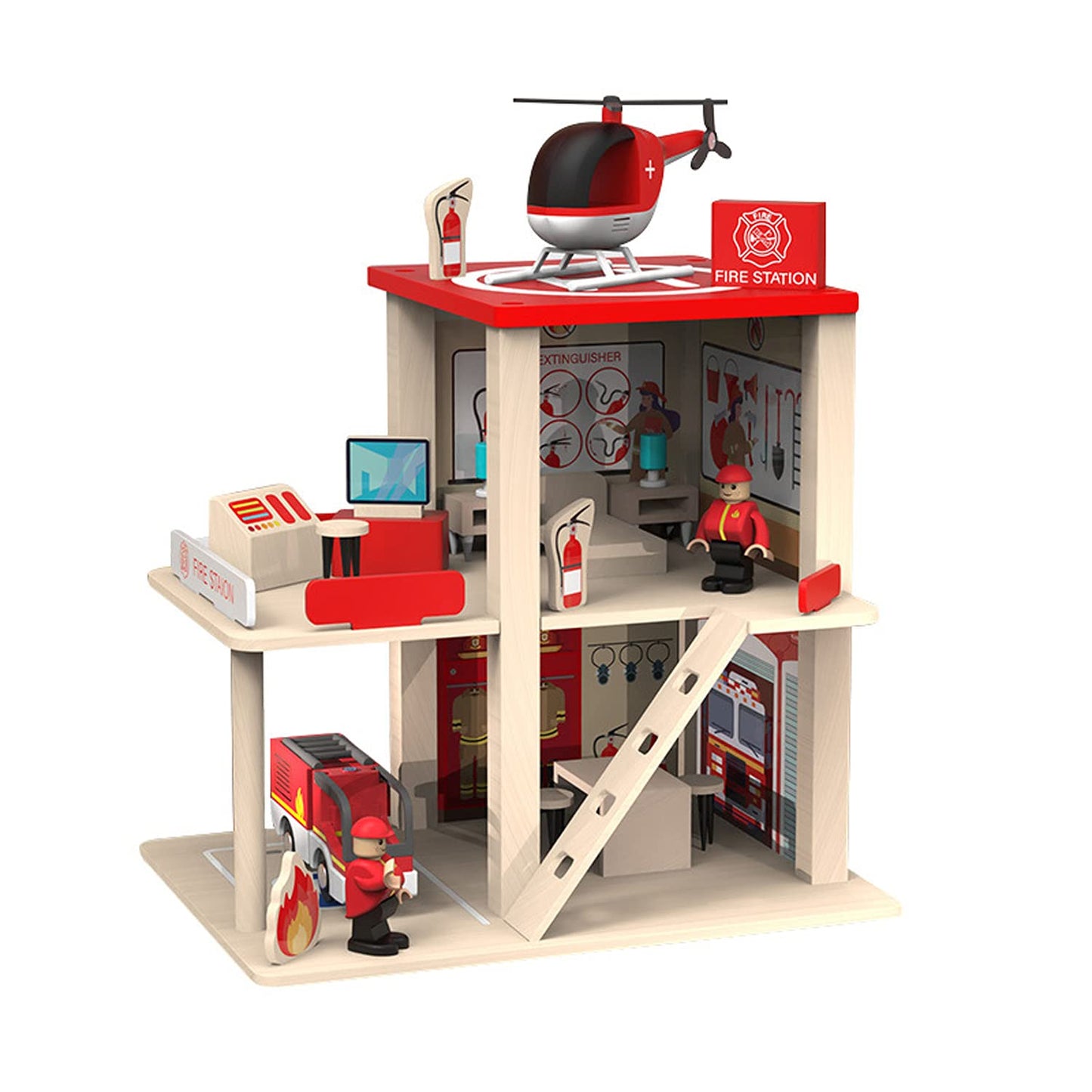 BBtinker Wooden Fire Station Playset — 3-Level Dollhouse with Figures, Truck & Helicopter