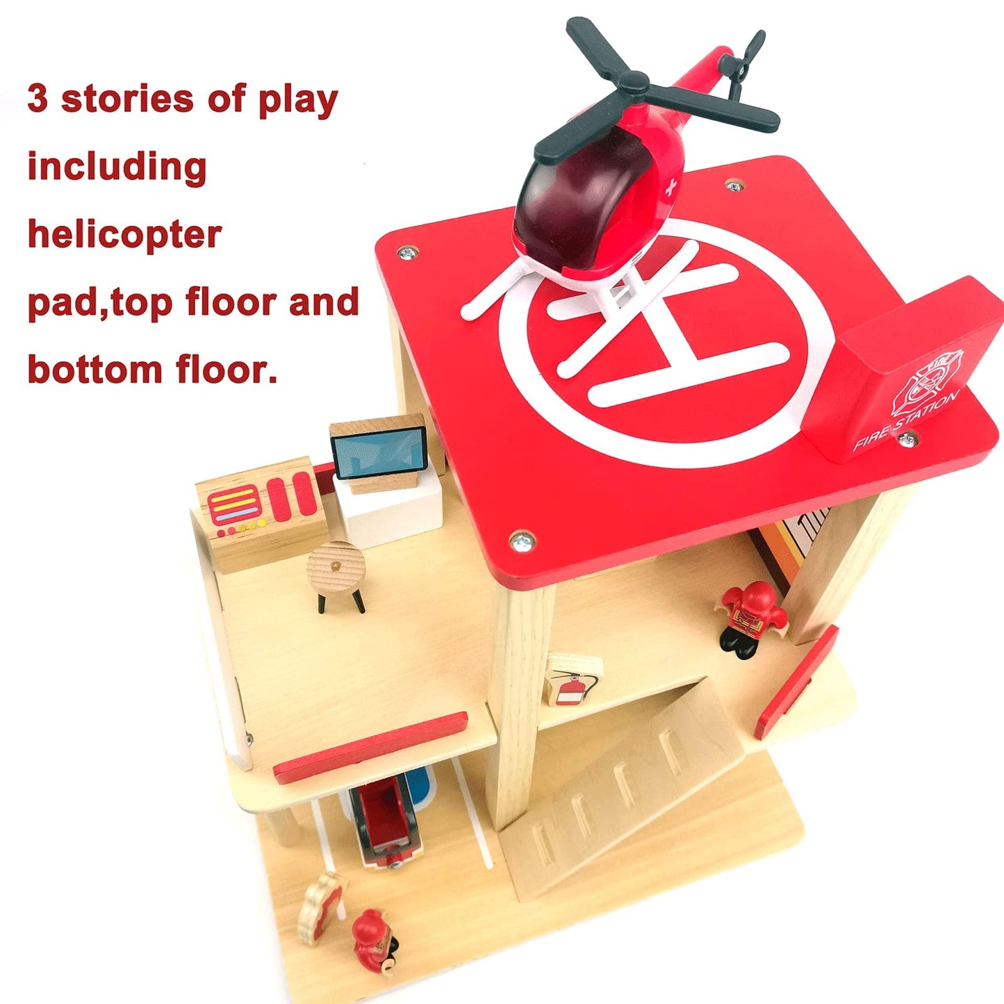 BBtinker Wooden Fire Station Playset — 3-Level Dollhouse with Figures, Truck & Helicopter