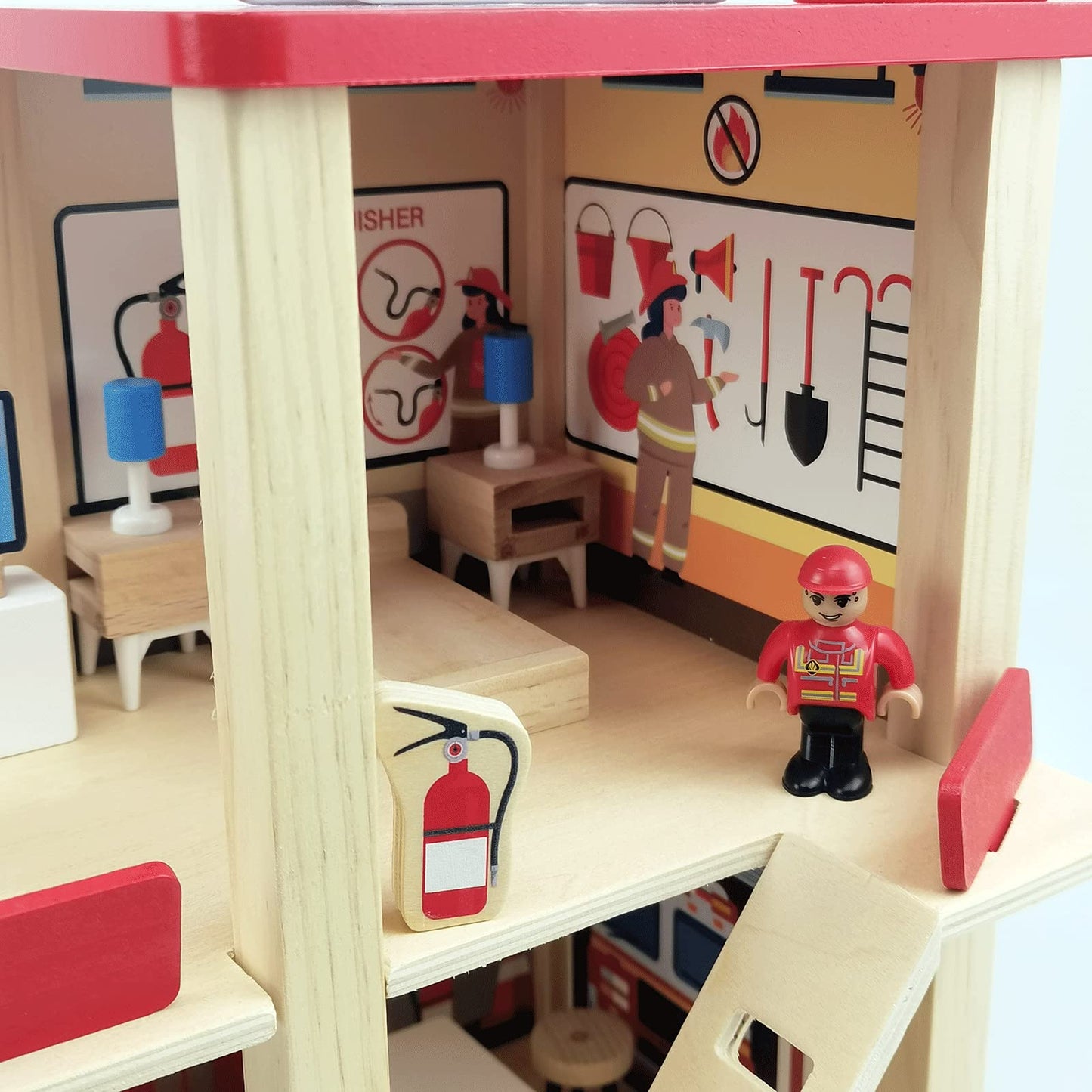 BBtinker Wooden Fire Station Playset — 3-Level Dollhouse with Figures, Truck & Helicopter