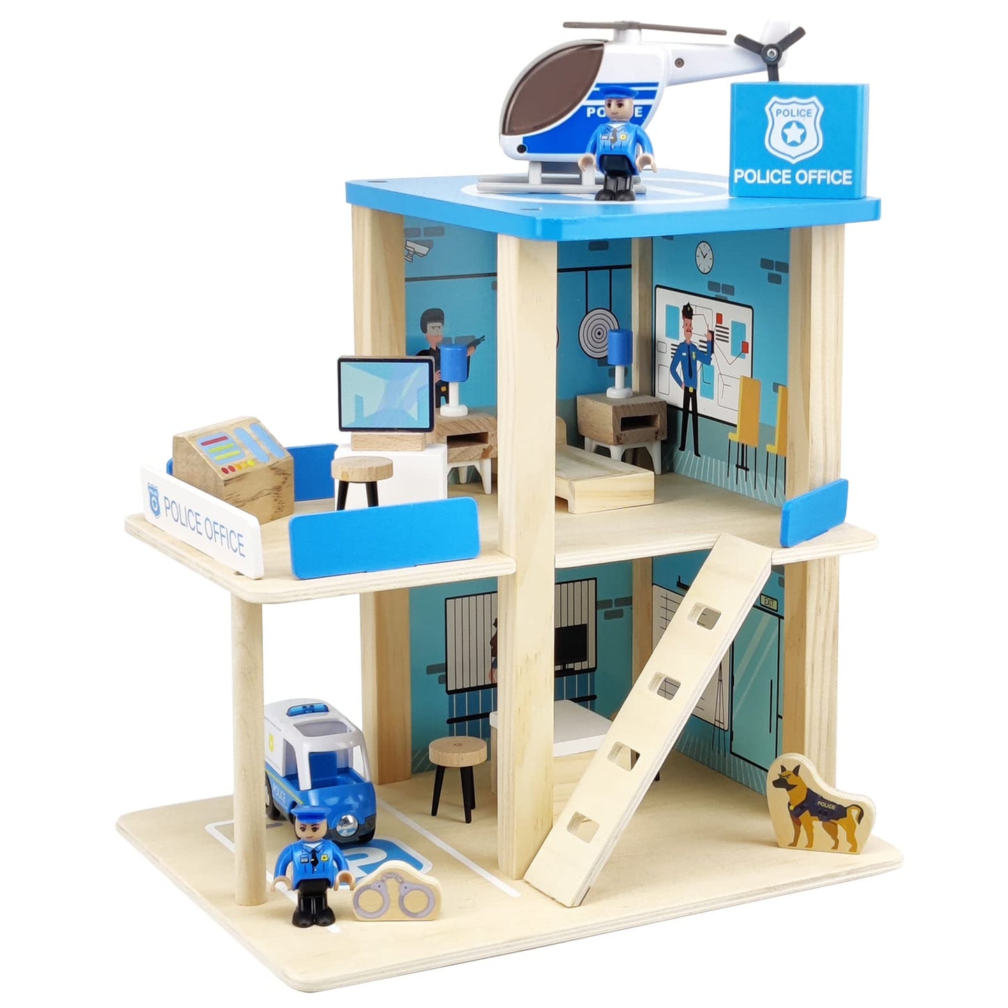 BBtinker Wooden Police Station Playset – 3-Level Dollhouse with Figures, Car & Helicopter