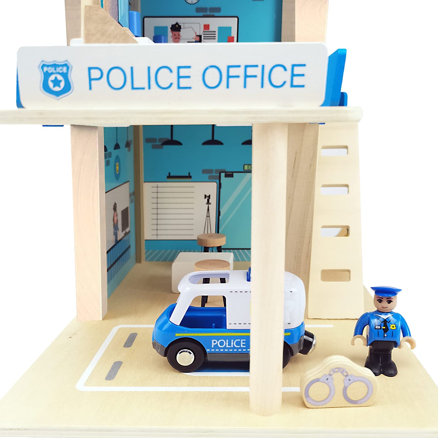 BBtinker Wooden Police Station Playset – 3-Level Dollhouse with Figures, Car & Helicopter