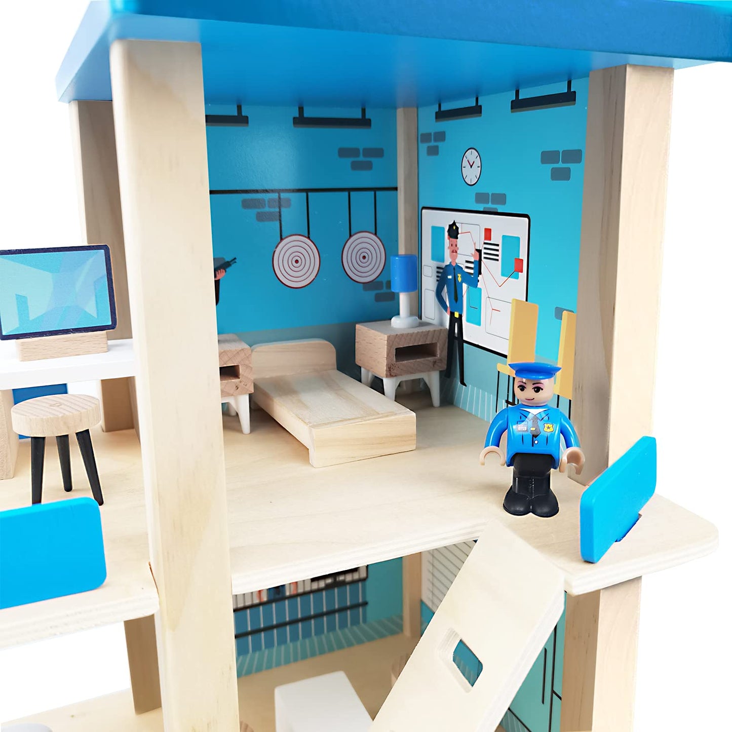 BBtinker Wooden Police Station Playset – 3-Level Dollhouse with Figures, Car & Helicopter