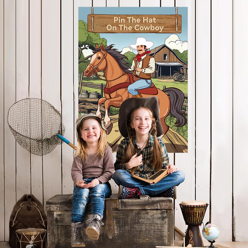 BBUP Pin The Hat on The Cowboy – Western Party Poster Game with 24 Hats, 24 Stickers & 1 Eye Mask for 24 Players