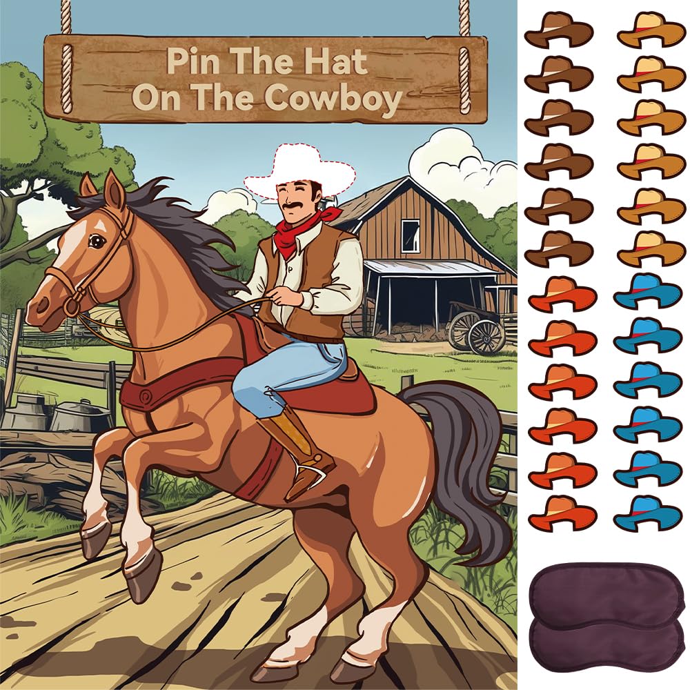BBUP Pin The Hat on The Cowboy – Western Party Games Poster Set for 24 Players