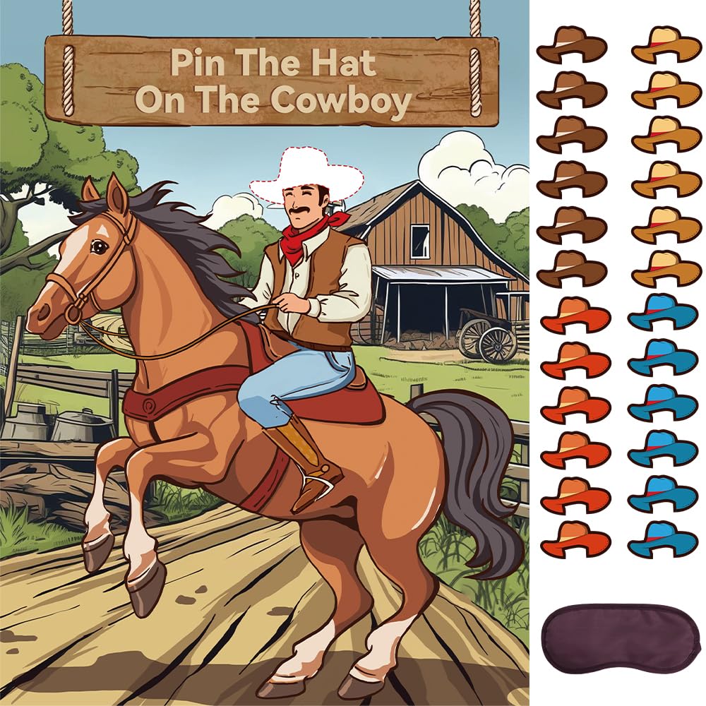 BBUP Pin The Hat on The Cowboy – Western Party Poster Game with 24 Hats, 24 Stickers & 1 Eye Mask for 24 Players
