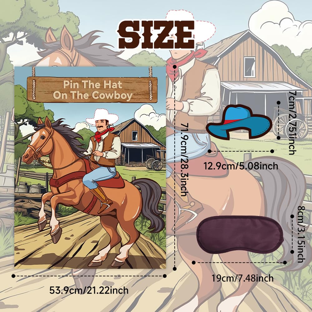 BBUP Pin The Hat on The Cowboy – Western Party Poster Game with 24 Hats, 24 Stickers & 1 Eye Mask for 24 Players