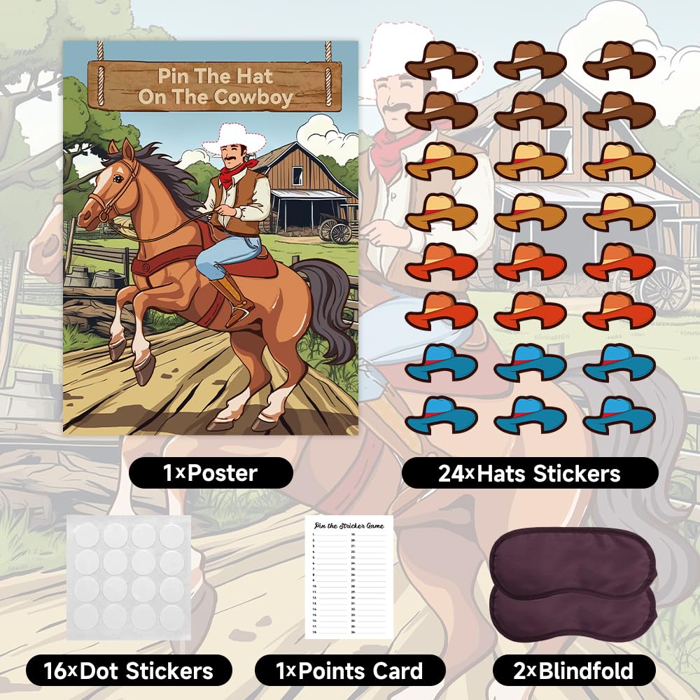 BBUP Pin The Hat on The Cowboy – Western Party Games Poster Set for 24 Players